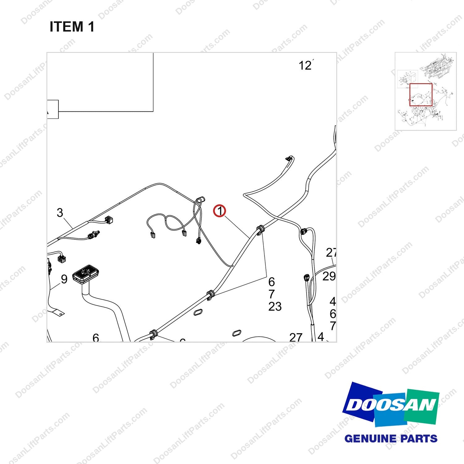 310207-13738 CHASSIS HARNESS GORUP;F/S D140/160S-9 TI - parts diagram, item 1 shown - genuine Doosan / Bobcat forklift part