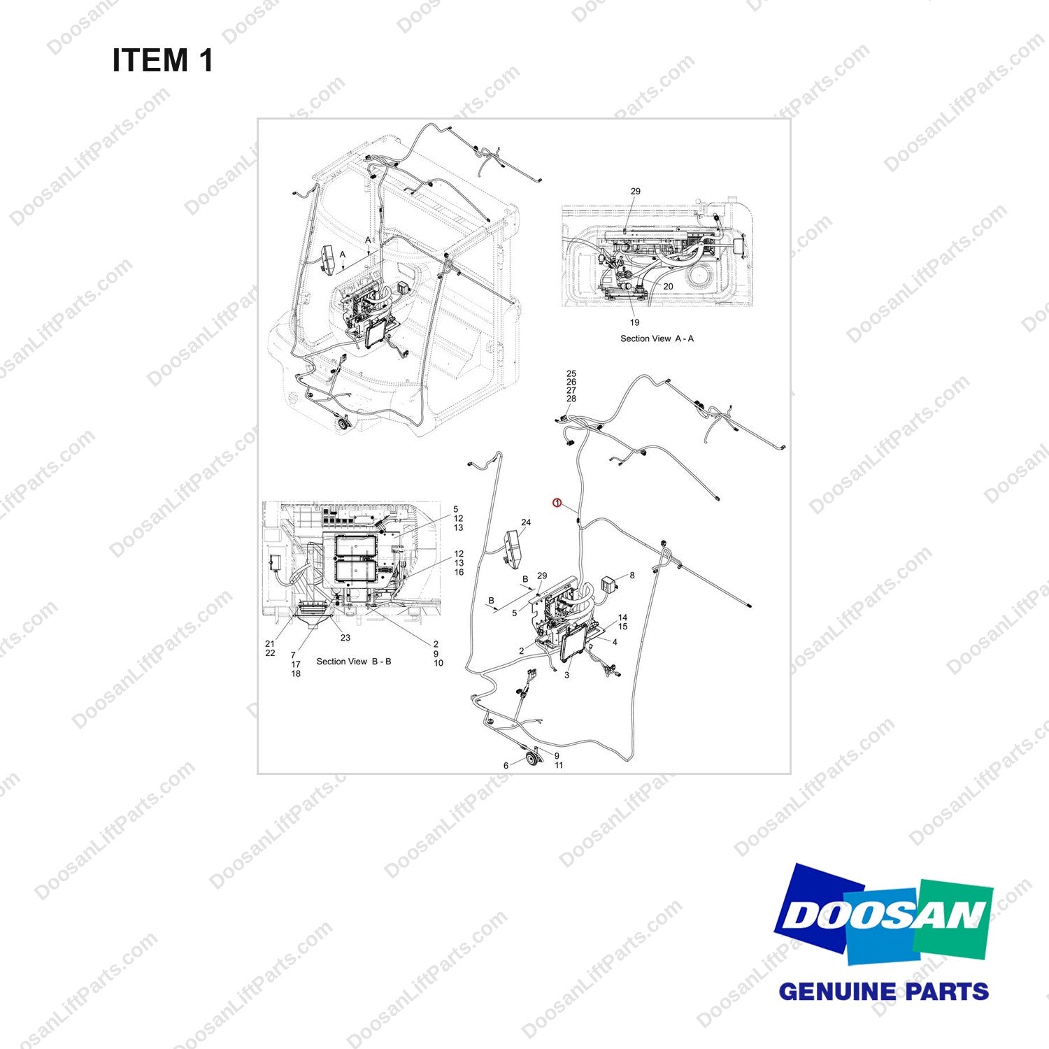 310207-13777 CABIN WIRING GP;F/S T4 - full parts diagram, item 1 marked - genuine Doosan / Bobcat forklift part