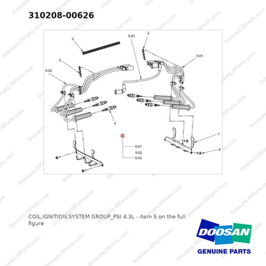 310208-00626 COIL,IGNITION;SYSTEM GROUP_PSI 4.3L - full parts diagram, item 5 marked - genuine Doosan / Bobcat forklift part