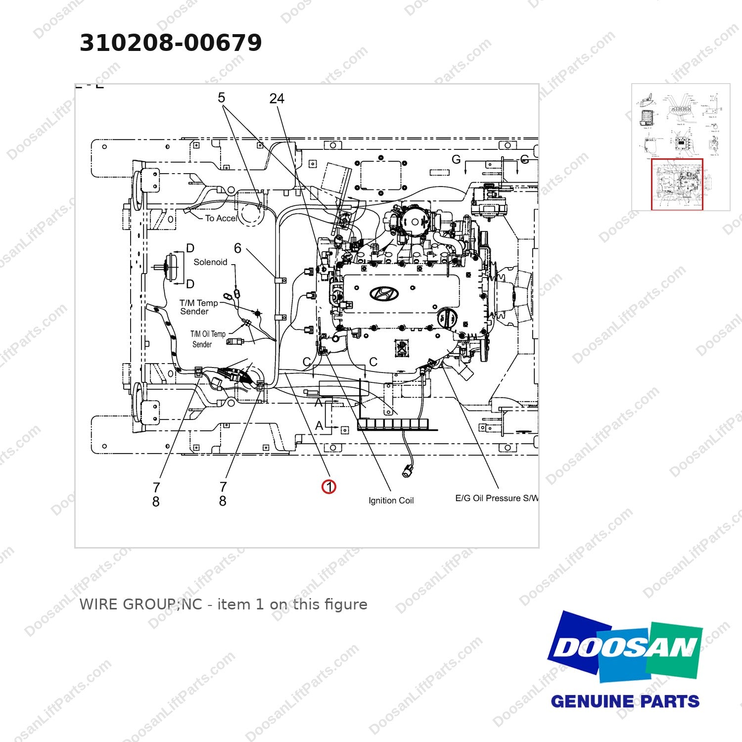 310208-00679 WIRE GROUP;NC - parts diagram, item 1 shown - genuine Doosan / Bobcat forklift part