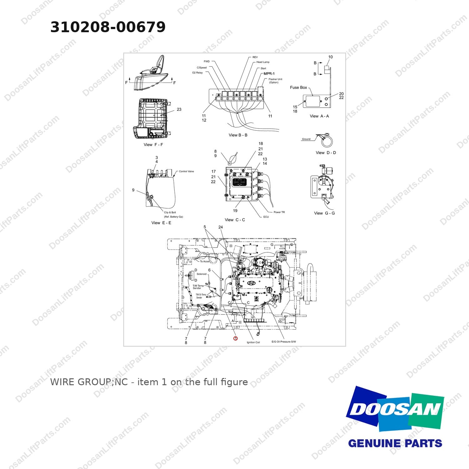 310208-00679 WIRE GROUP;NC - full parts diagram, item 1 marked - genuine Doosan / Bobcat forklift part