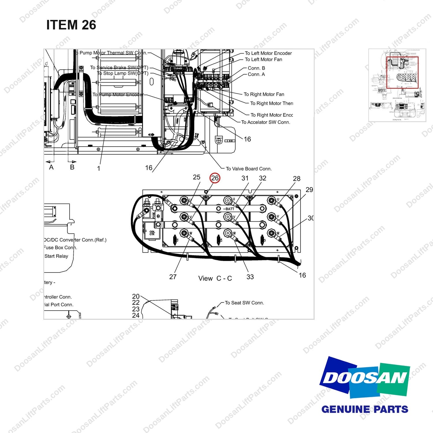 310401-01409 BATTERY ROLL IN OUT , COOLING FAN - WIRE & PANEL GP - parts diagram, item 26 shown - genuine Doosan / Bobcat forklift part