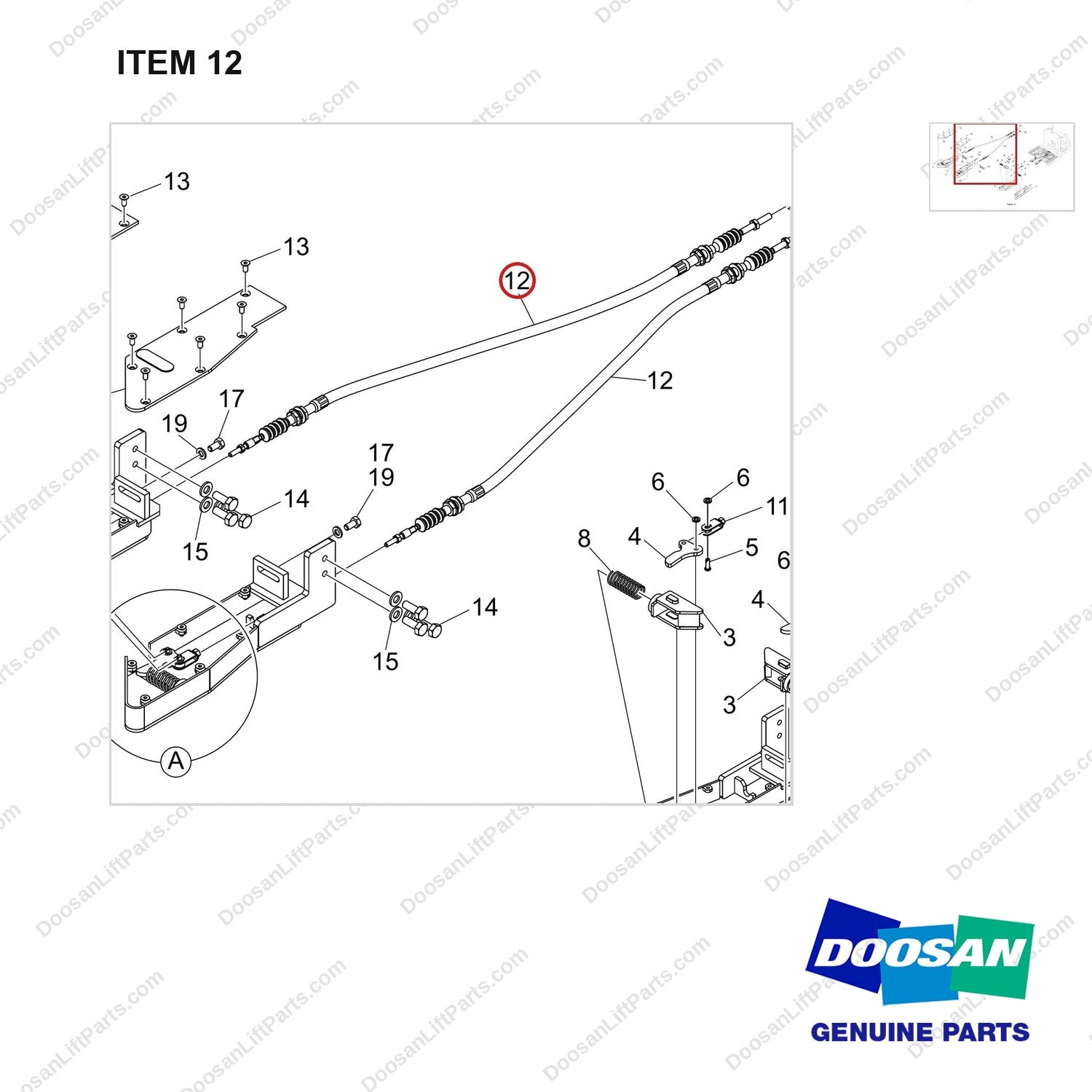 310401-02976 CLAMP;PALLET;PLASTIC - parts diagram, item 12 shown - genuine Doosan / Bobcat forklift part