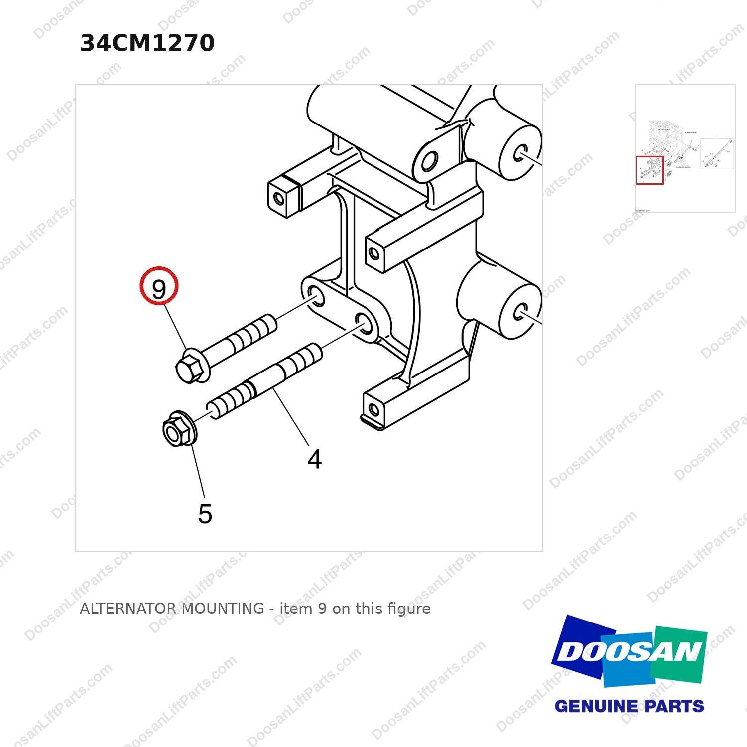 34CM1270 ALTERNATOR MOUNTING - parts diagram, item 9 shown - genuine Doosan / Bobcat forklift part