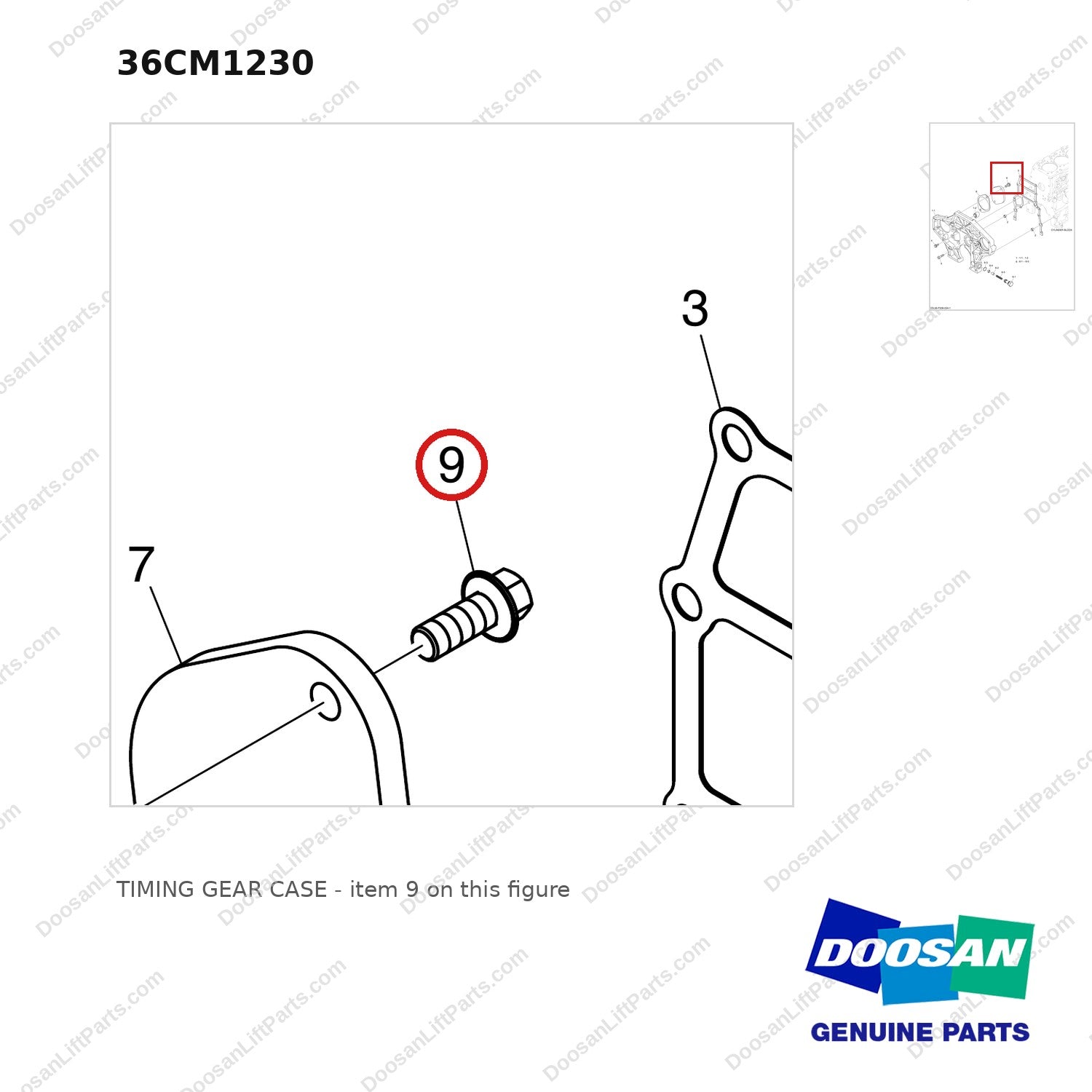36CM1230 TIMING GEAR CASE - parts diagram, item 9 shown - genuine Doosan / Bobcat forklift part