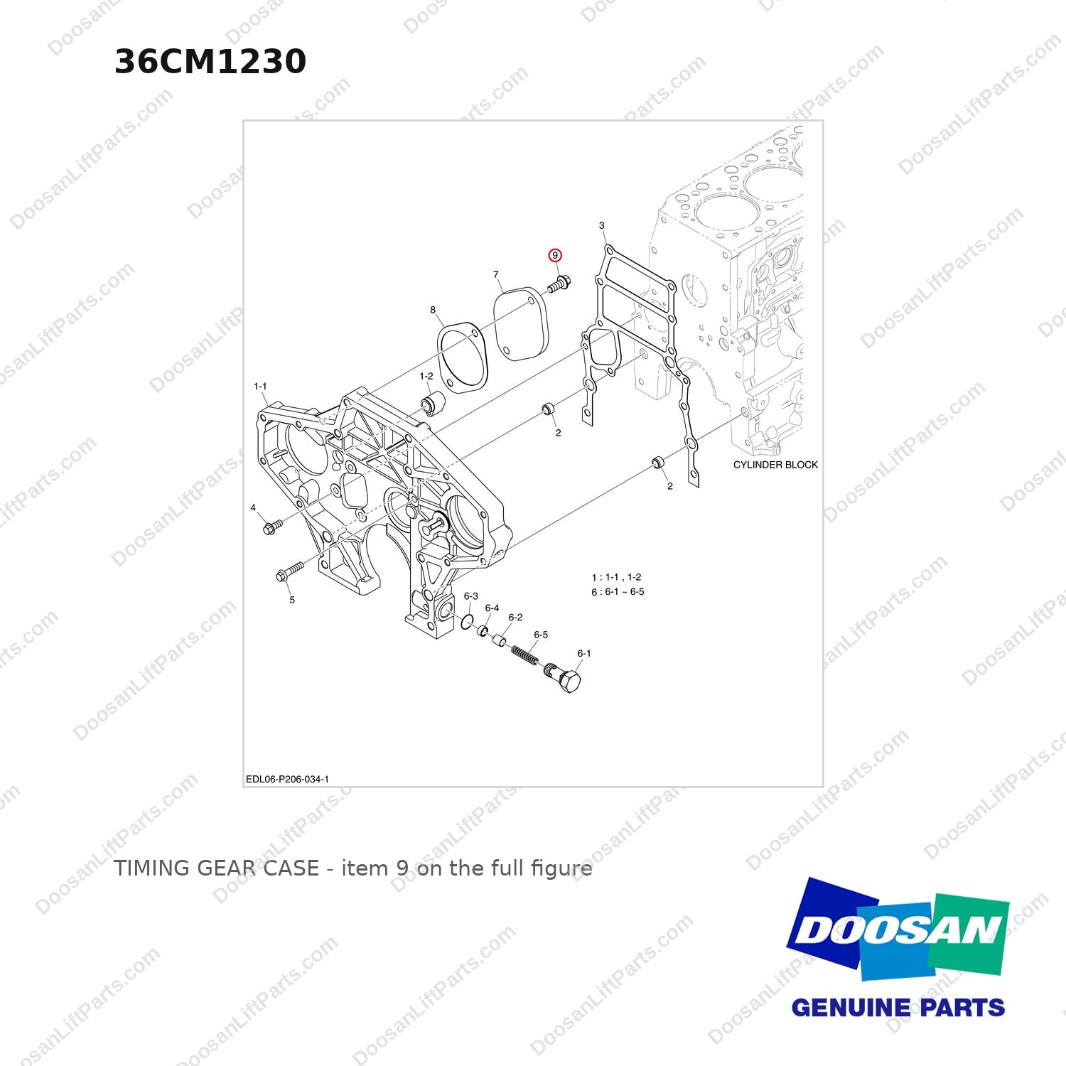 36CM1230 TIMING GEAR CASE - full parts diagram, item 9 marked - genuine Doosan / Bobcat forklift part