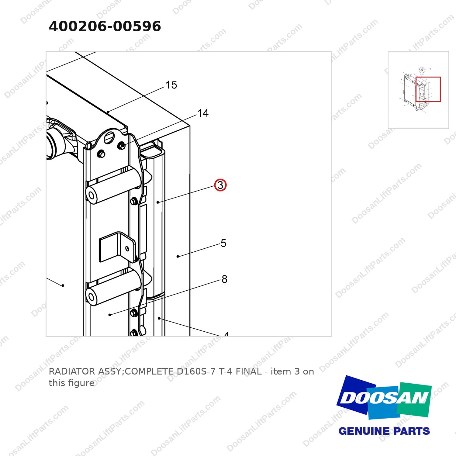 400206-00596 RADIATOR ASSY;COMPLETE D160S-7 T-4 FINAL - parts diagram, item 3 shown - genuine Doosan / Bobcat forklift part