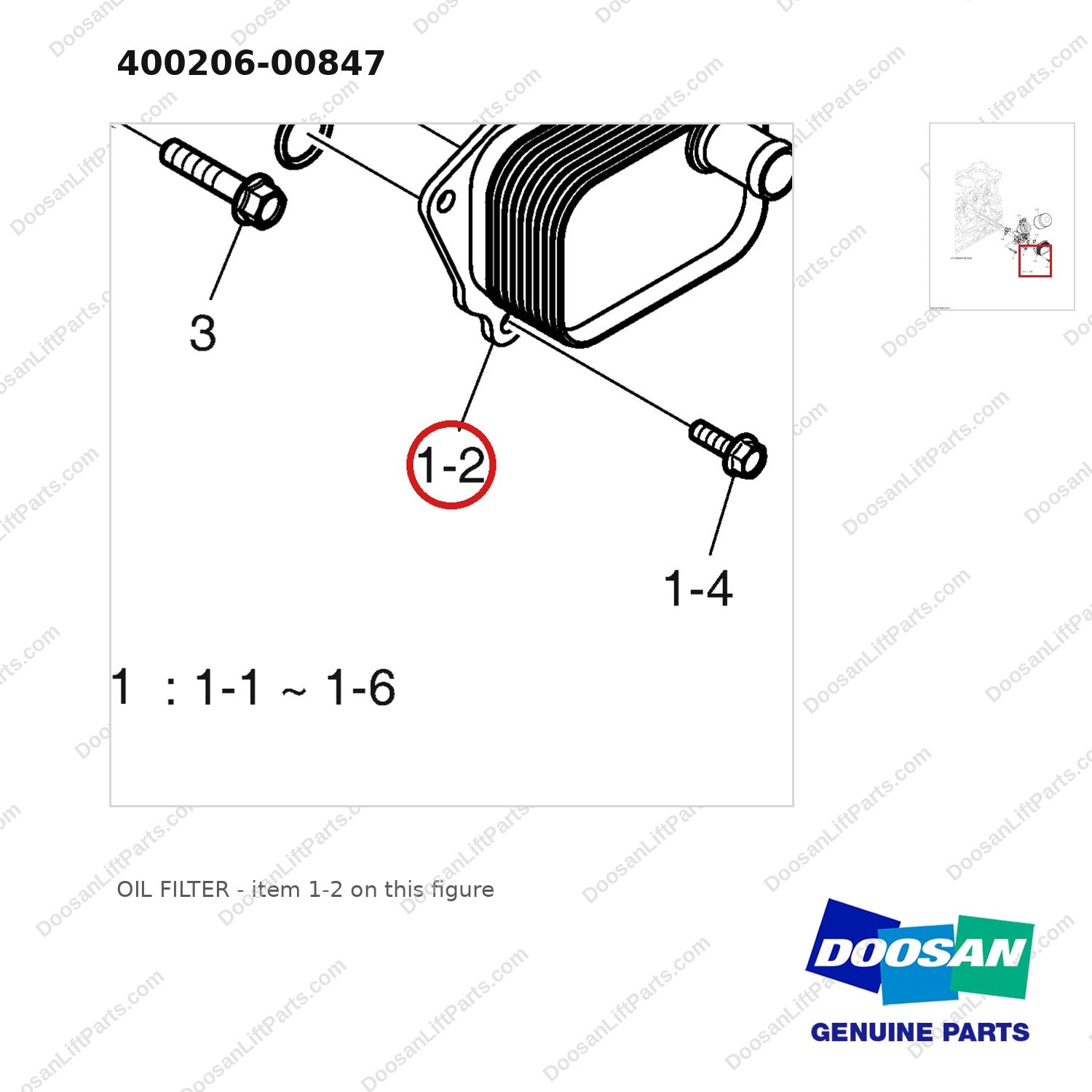 400206-00847 OIL FILTER - parts diagram, item 1-2 shown - genuine Doosan / Bobcat forklift part