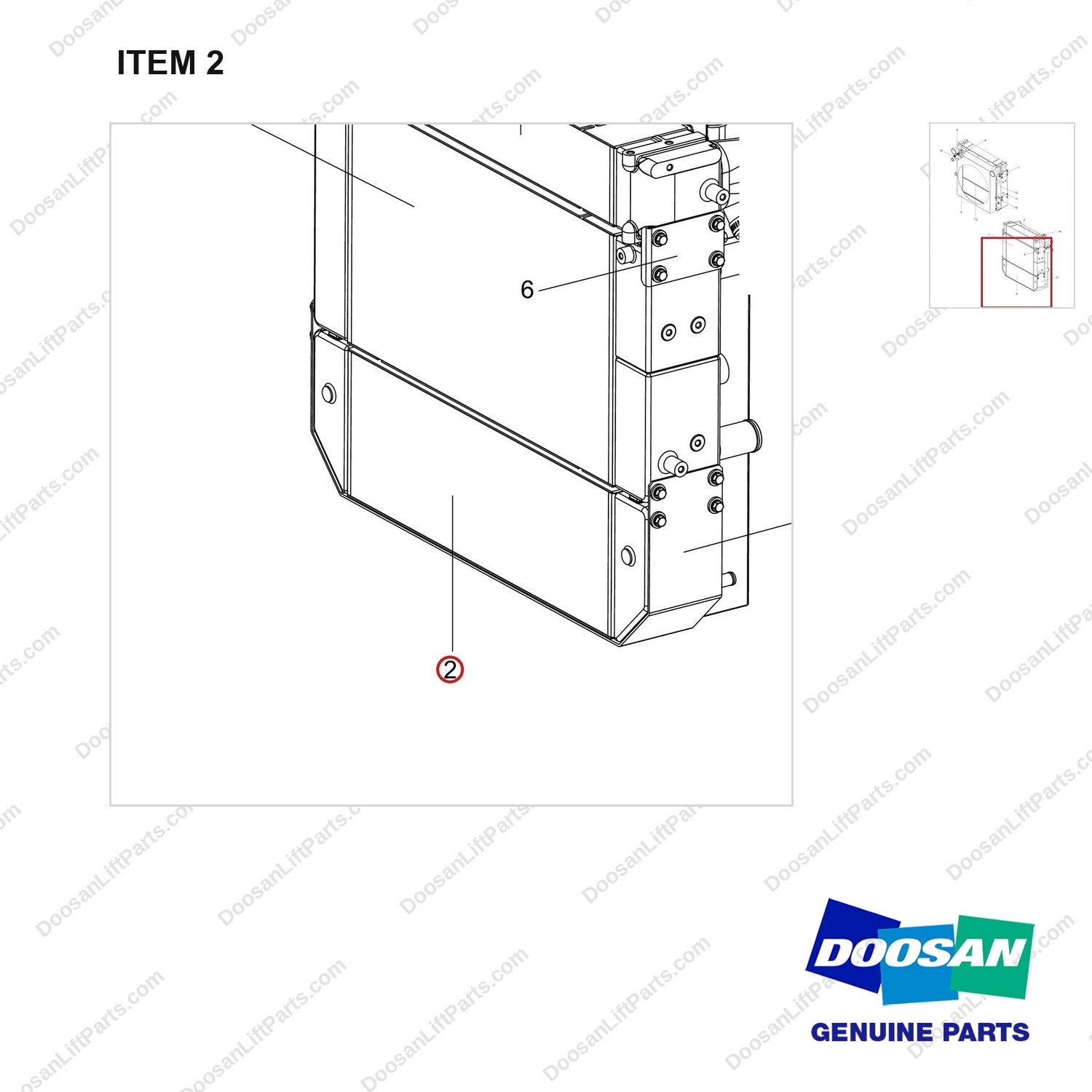 400206-01063 RADIATOR ASSY;OPEN CORE, D40S-9 - parts diagram, item 2 shown - genuine Doosan / Bobcat forklift part