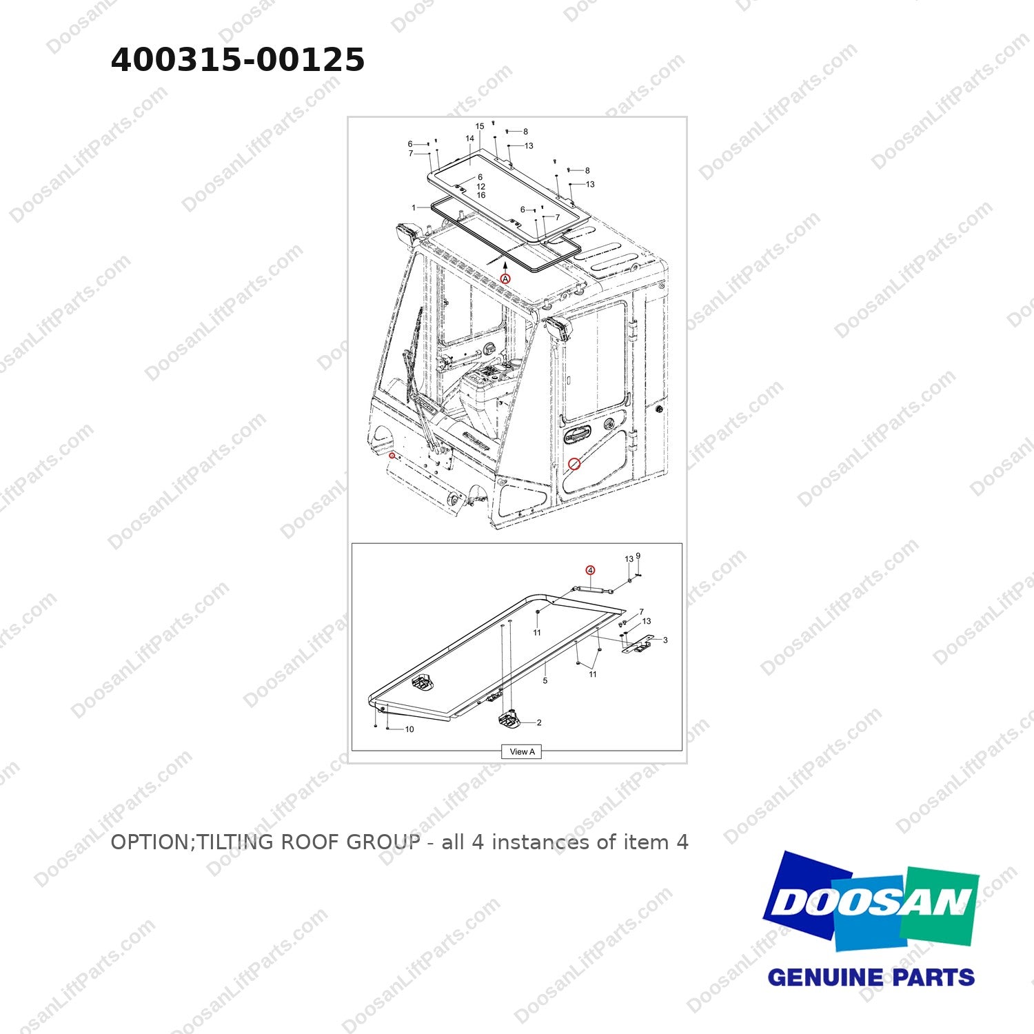 400315-00125 OPTION;TILTING ROOF GROUP - full parts diagram, item 4 marked - genuine Doosan / Bobcat forklift part