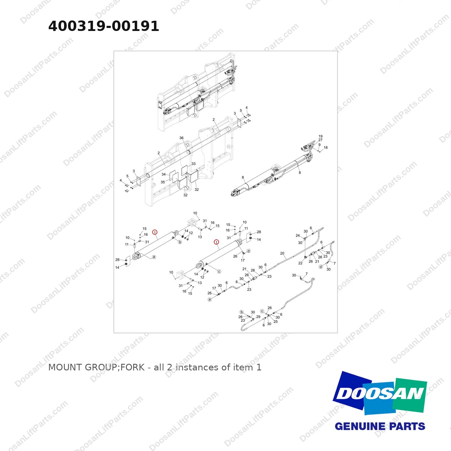 400319-00191 MOUNT GROUP;FORK - full parts diagram, item 1 marked - genuine Doosan / Bobcat forklift part