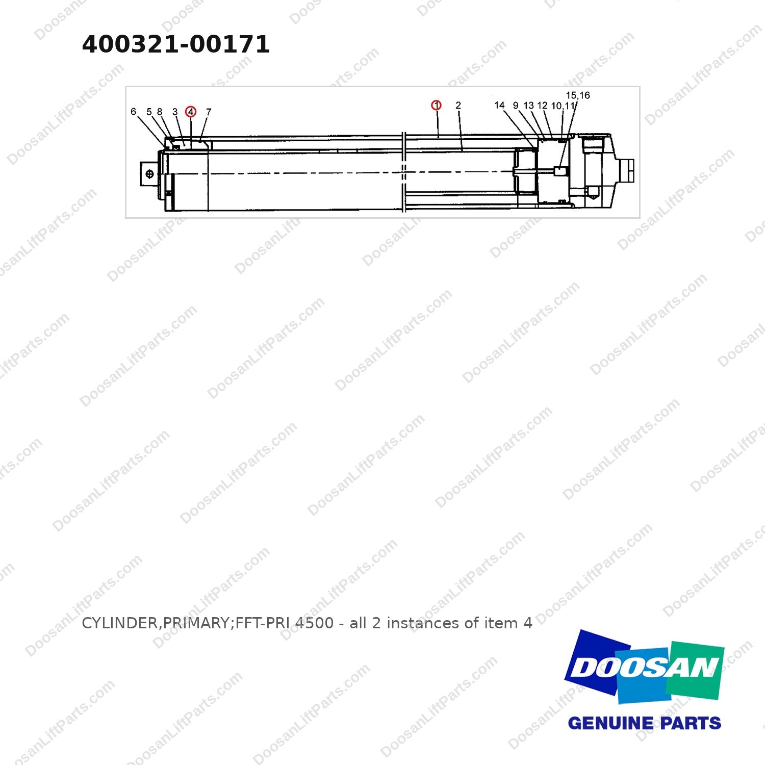 400321-00171 CYLINDER,PRIMARY;FFT-PRI 4500 - full parts diagram, item 4 marked - genuine Doosan / Bobcat forklift part