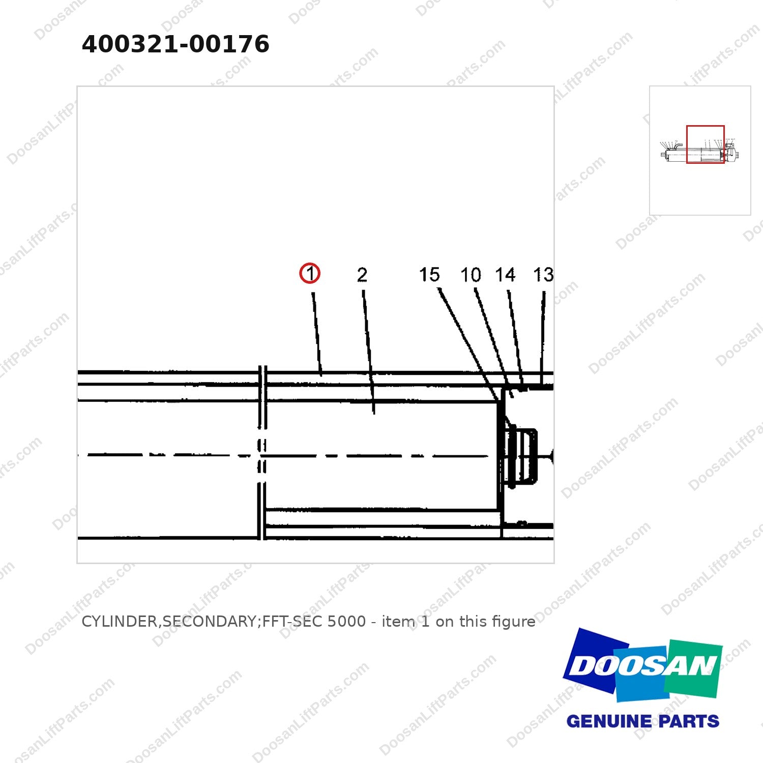 400321-00176 CYLINDER,SECONDARY;FFT-SEC 5000 - parts diagram, item 1 shown - genuine Doosan / Bobcat forklift part