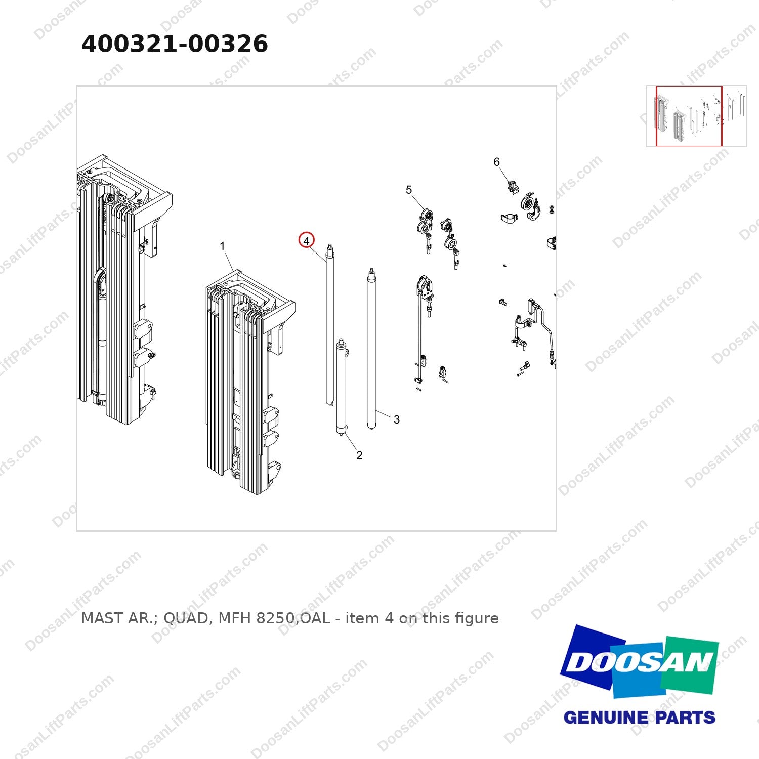 400321-00326 MAST AR.; QUAD, MFH 8250,OAL - parts diagram, item 4 shown - genuine Doosan / Bobcat forklift part