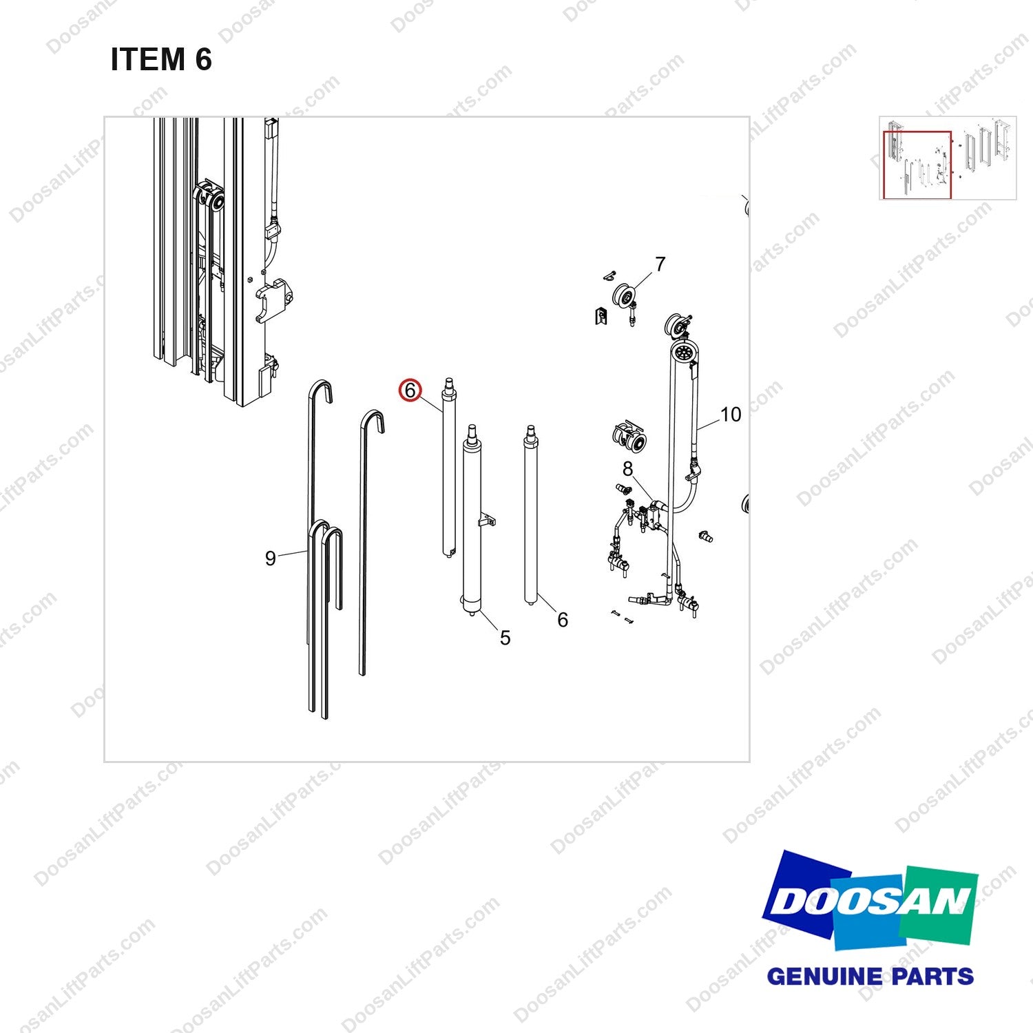 400321-01508 MAST AR.; FFT,  MFH 4805, OAL - parts diagram, item 6 shown - genuine Doosan / Bobcat forklift part