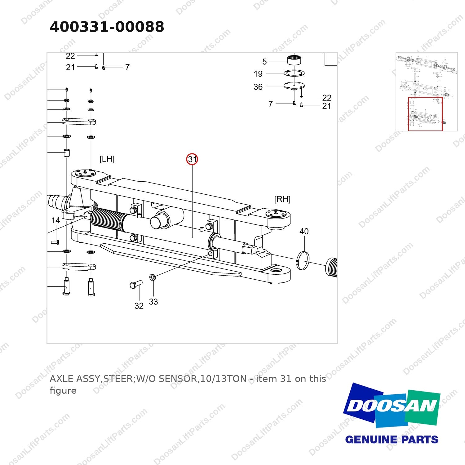 400331-00088 AXLE ASSY,STEER;W/O SENSOR,10/13TON - parts diagram, item 31 shown - genuine Doosan / Bobcat forklift part