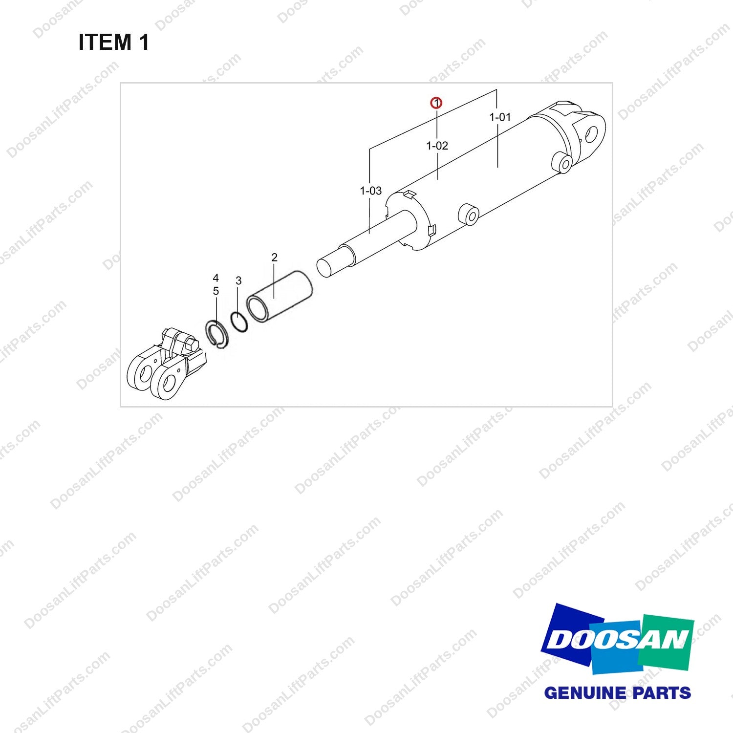 400334-00153 Changeover Ar.-Tilt Cylinder - 10' Forward x 6' Backward-2.0 - full parts diagram, item 1 marked - genuine Doosan / Bobcat forklift part