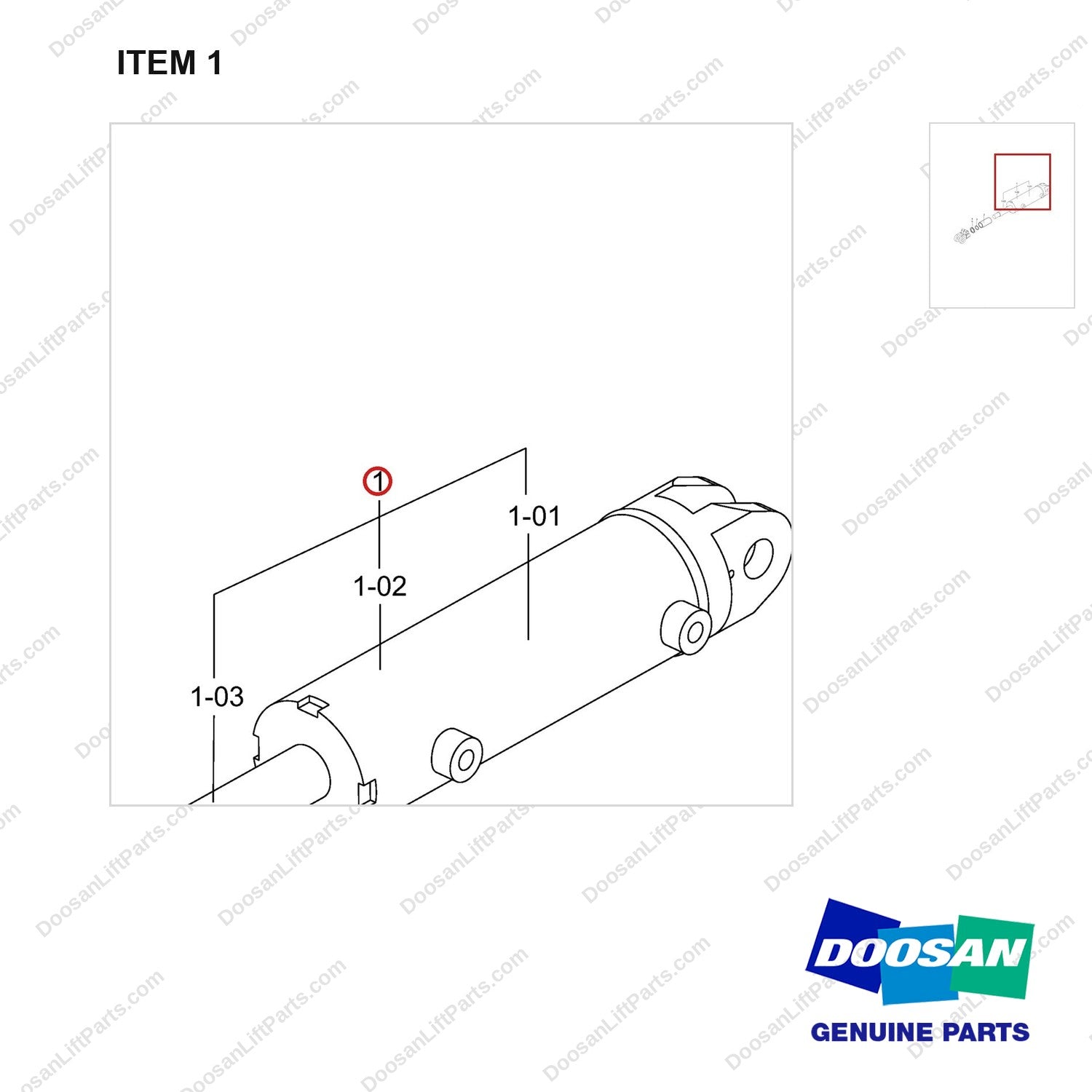 400334-00153 Changeover Ar.-Tilt Cylinder - 10' Forward x 6' Backward-2.0 - parts diagram, item 1 shown - genuine Doosan / Bobcat forklift part