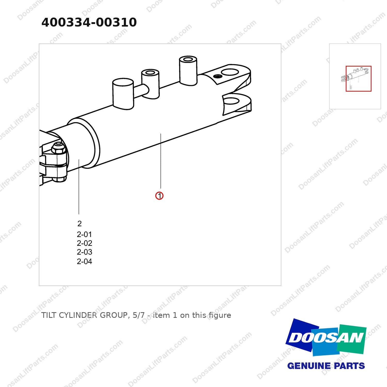 400334-00310 TILT CYLINDER GROUP, 5/7 - parts diagram, item 1 shown - genuine Doosan / Bobcat forklift part