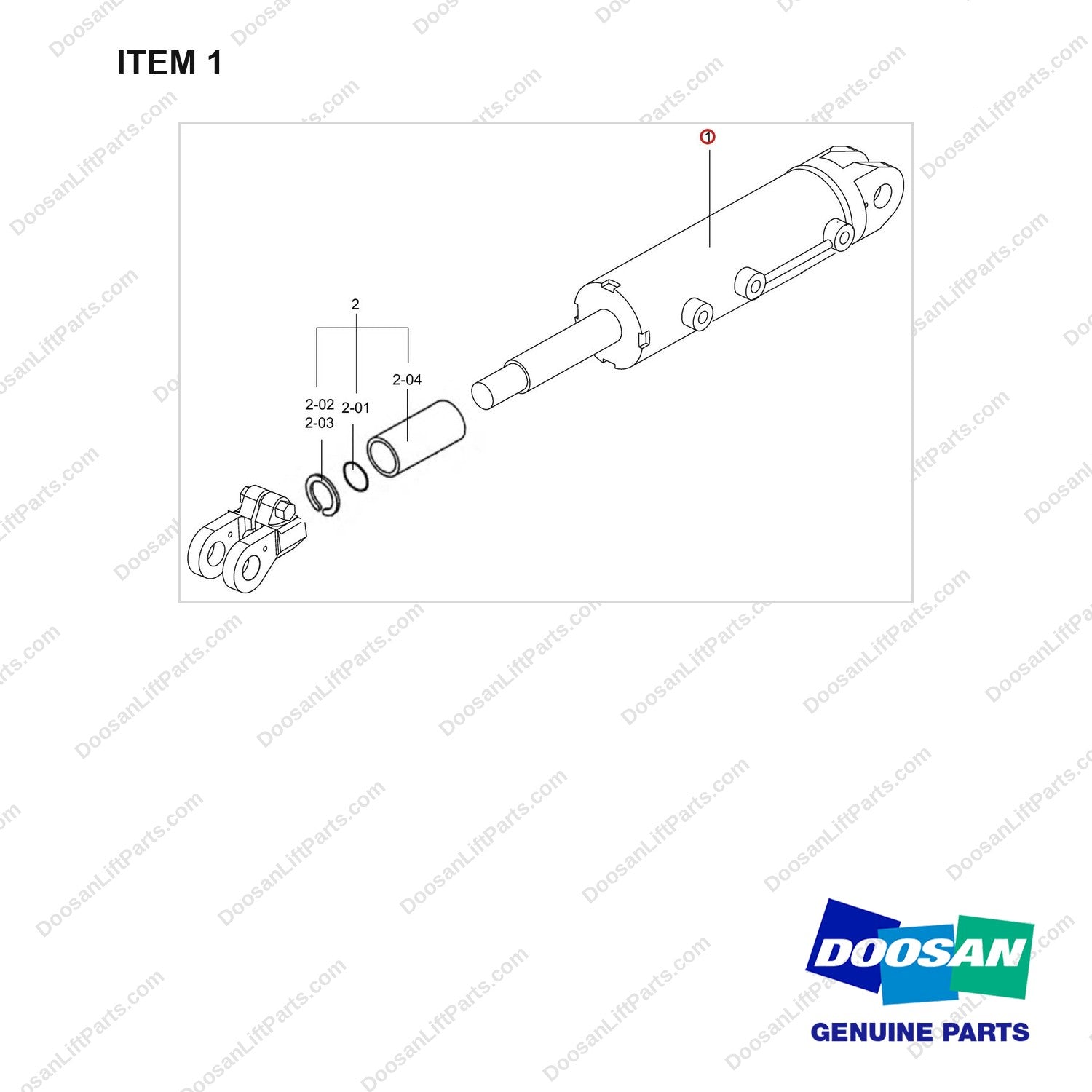 400334-00389 TILT CYLINDER GROUP, 10/5 - full parts diagram, item 1 marked - genuine Doosan / Bobcat forklift part