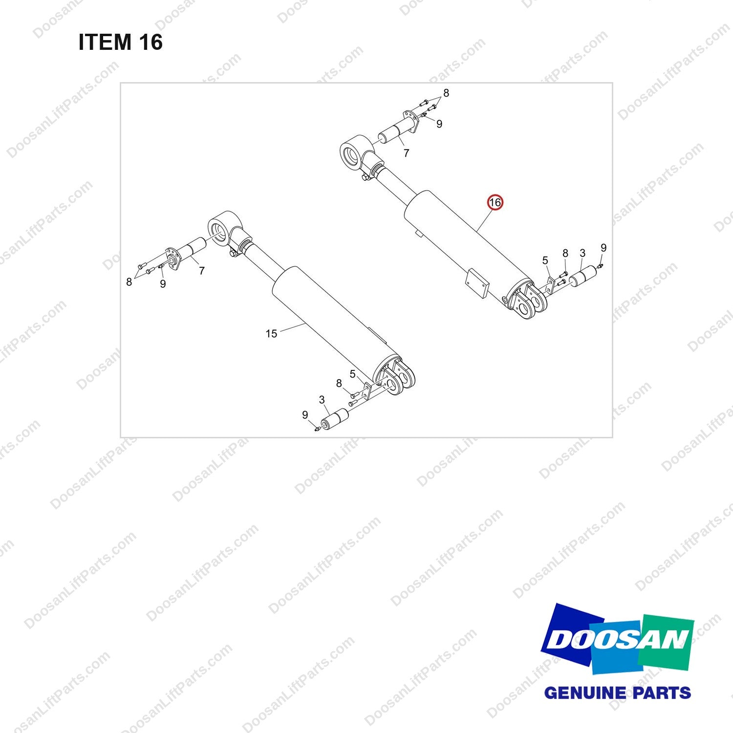 400334-00512 TILT CYLINDER GROUP, 5/9 - full parts diagram, item 16 marked - genuine Doosan / Bobcat forklift part