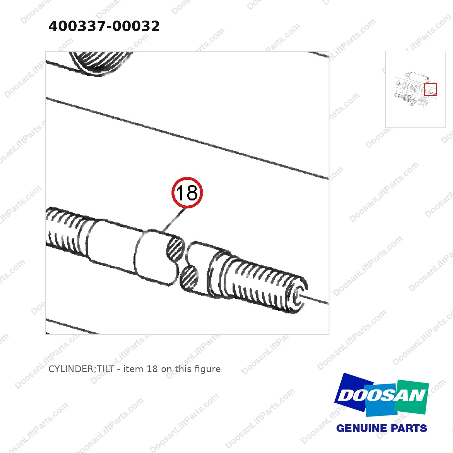 400337-00032 CYLINDER;TILT - parts diagram, item 18 shown - genuine Doosan / Bobcat forklift part