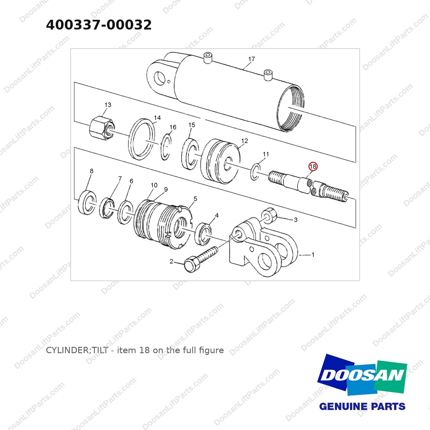 400337-00032 CYLINDER;TILT - full parts diagram, item 18 marked - genuine Doosan / Bobcat forklift part