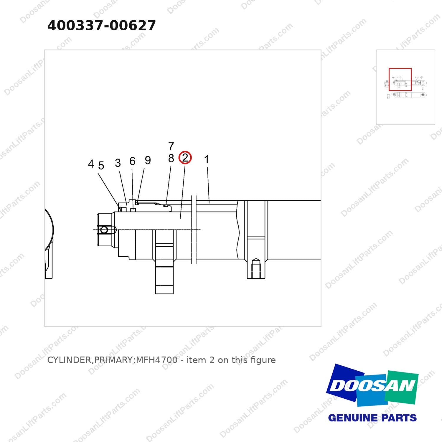 400337-00627 CYLINDER,PRIMARY;MFH4700 - parts diagram, item 2 shown - genuine Doosan / Bobcat forklift part
