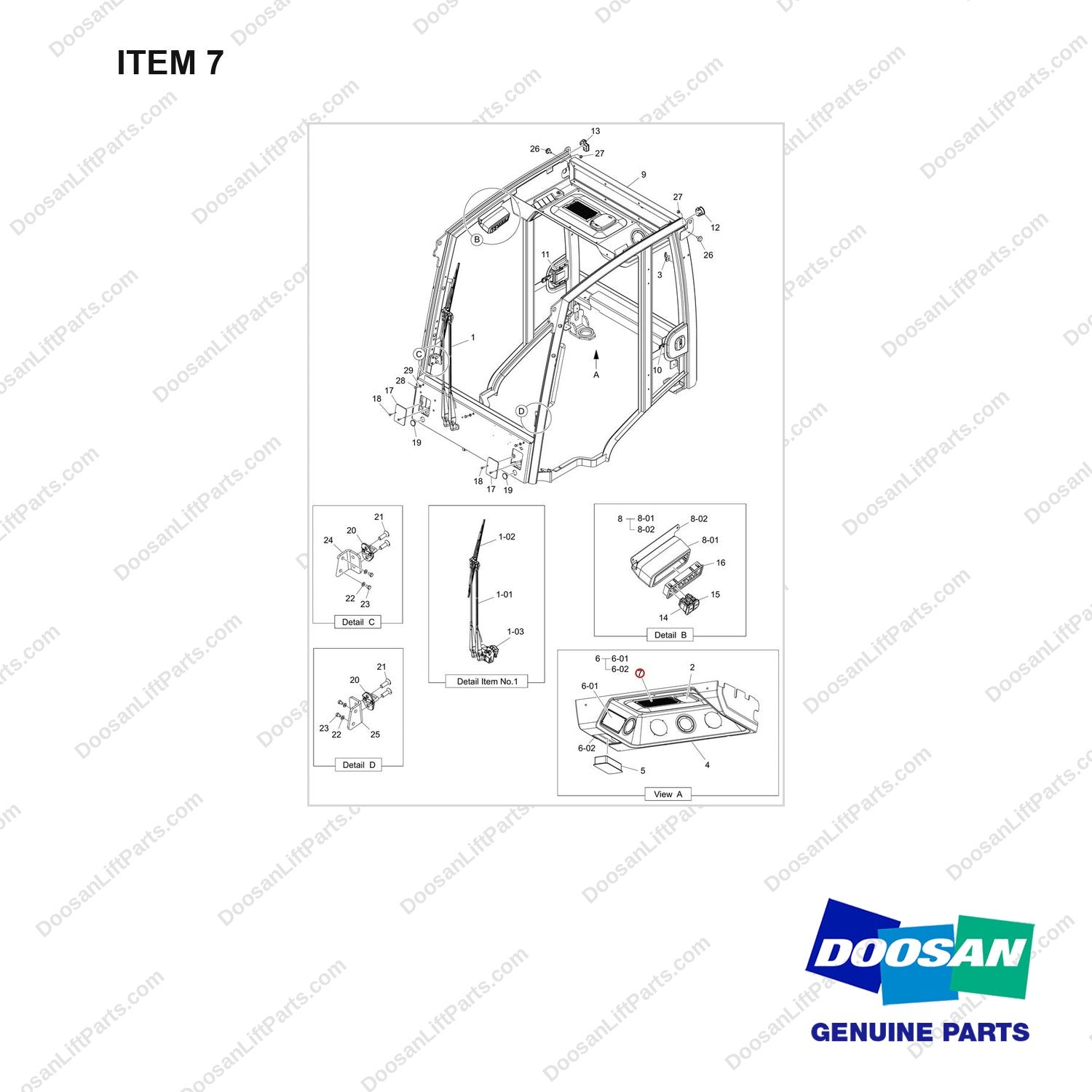 400401-00412 CABIN;ASSEMBLY PART - full parts diagram, item 7 marked - genuine Doosan / Bobcat forklift part