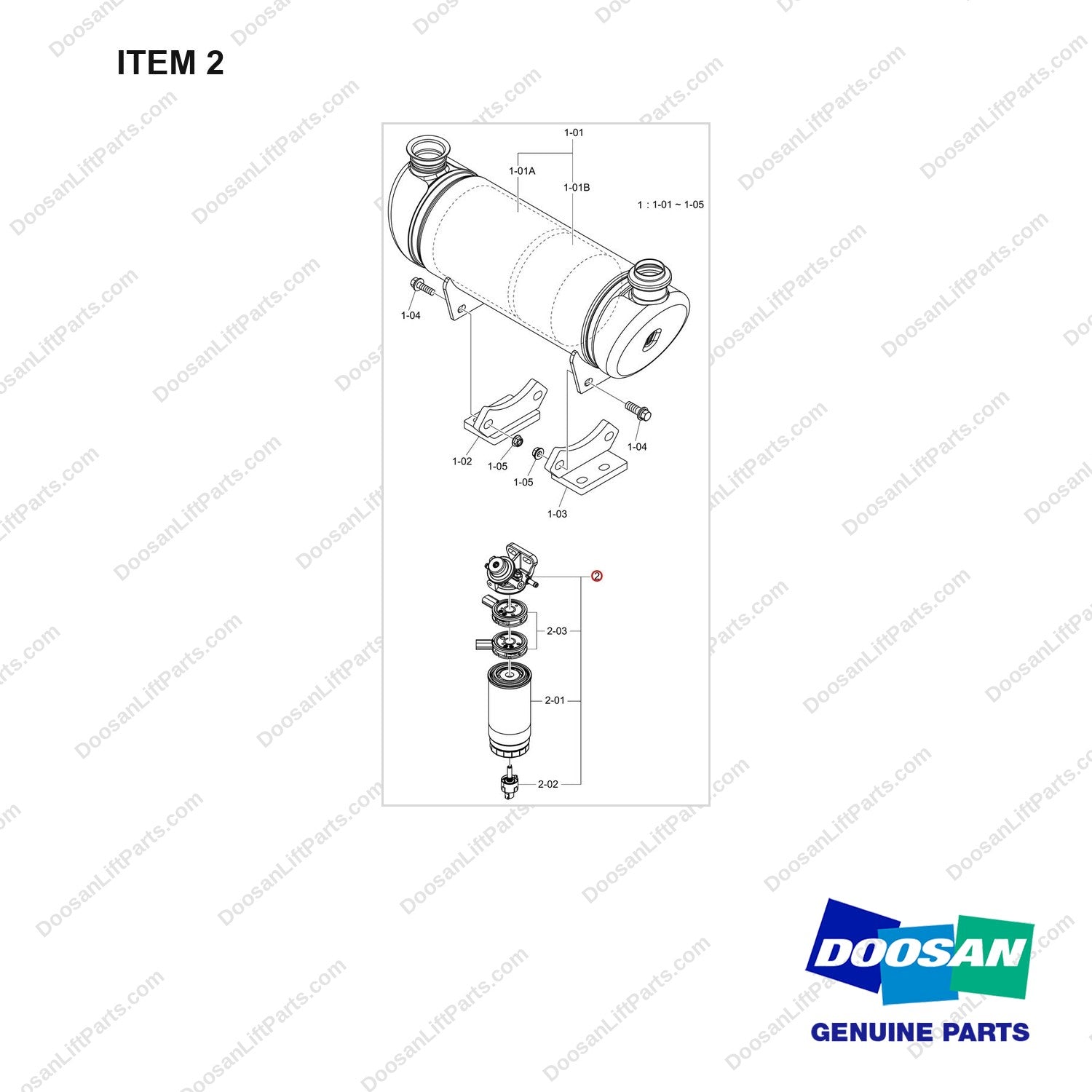 400403-00758C MUFFLER GROUP;DN03,TIER4 - full parts diagram, item 2 marked - genuine Doosan / Bobcat forklift part