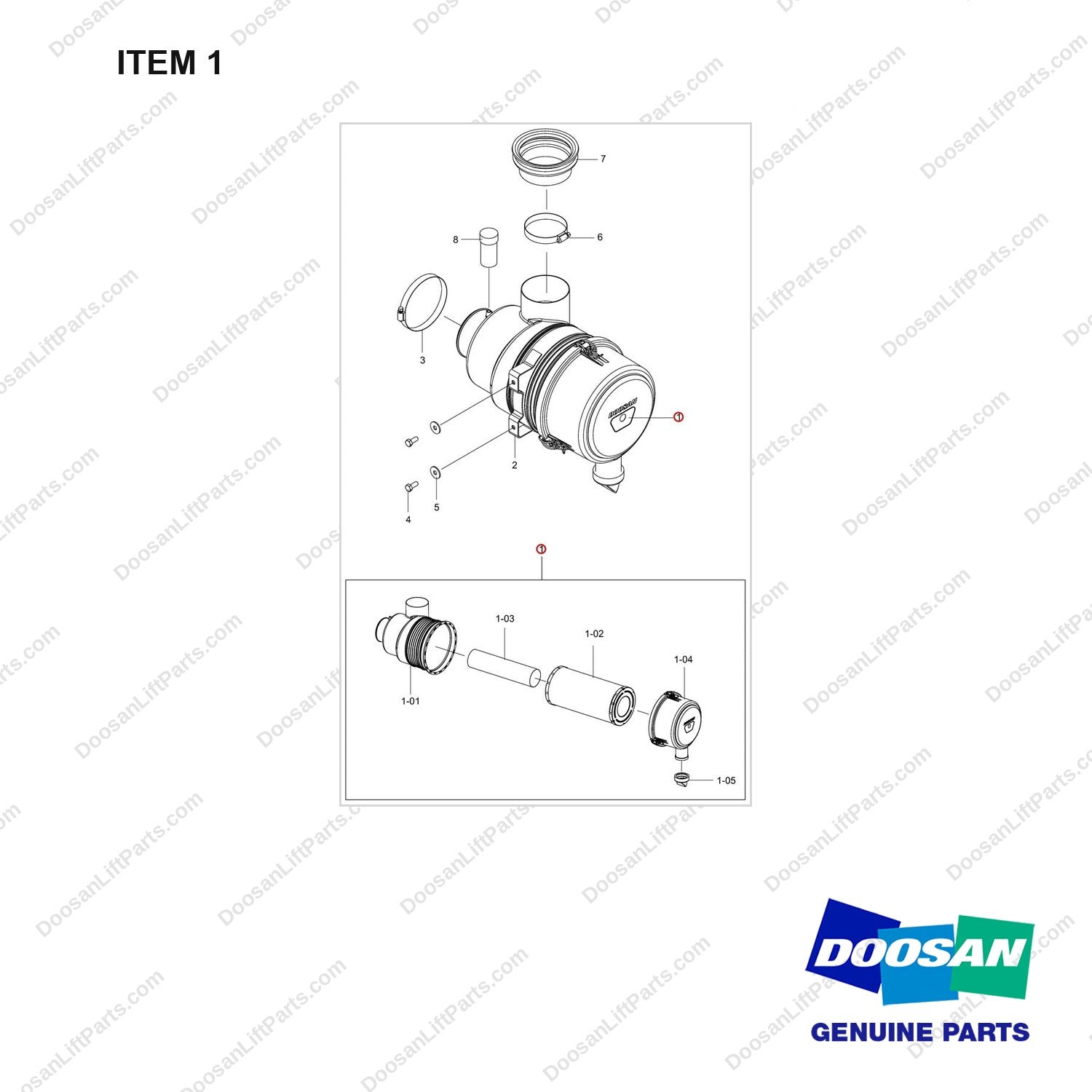 400414-00593 Hood Moudle - Air Cleaner - full parts diagram, item 1 marked - genuine Doosan / Bobcat forklift part