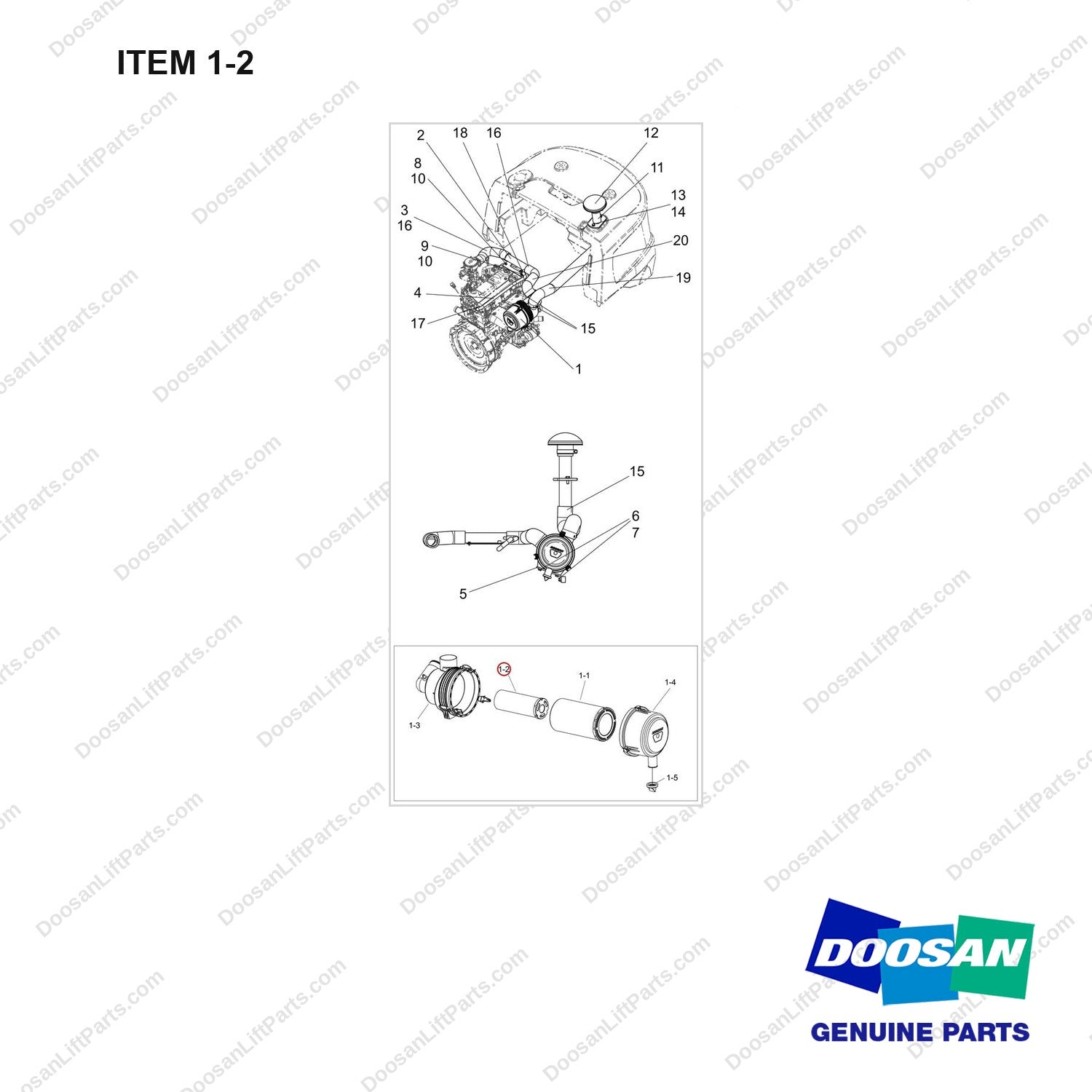400504-00378 AIR CLEANER,2-2.5T - full parts diagram, item 1-2 marked - genuine Doosan / Bobcat forklift part