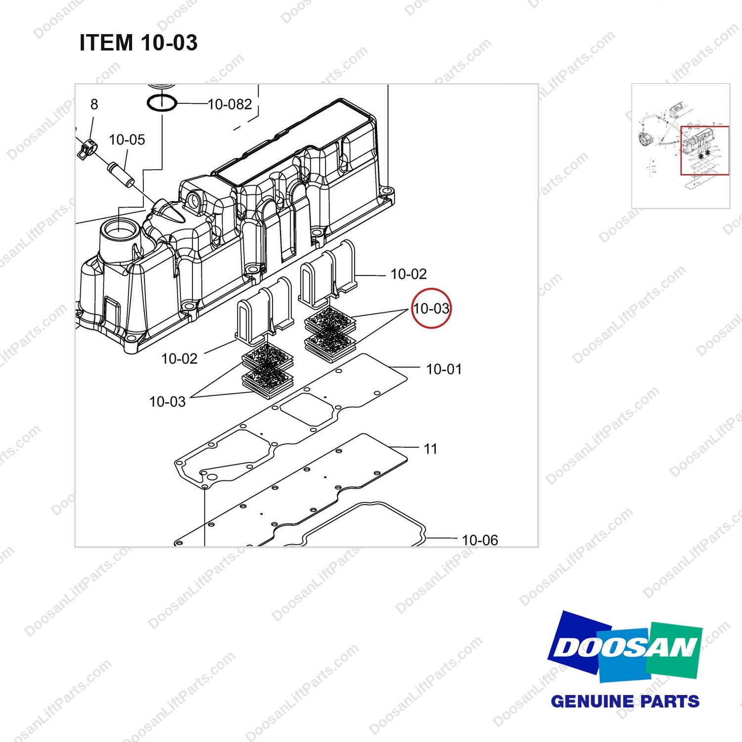 400504-00442 HEAD COVER GP - parts diagram, item 10-03 shown - genuine Doosan / Bobcat forklift part