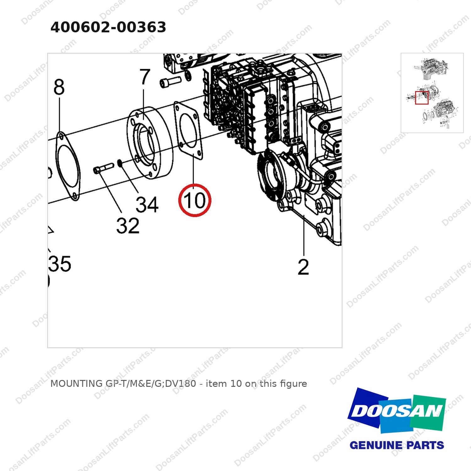400602-00363 MOUNTING GP-T/M&E/G;DV180 - parts diagram, item 10 shown - genuine Doosan / Bobcat forklift part