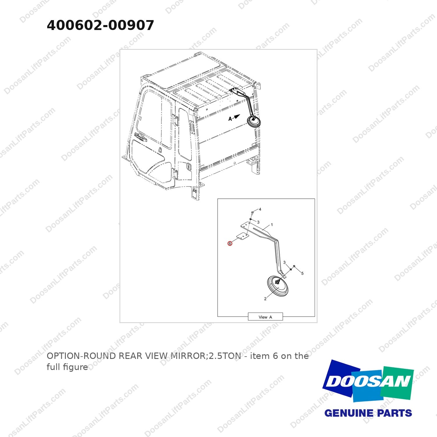 400602-00907 OPTION-ROUND REAR VIEW MIRROR;2.5TON - full parts diagram, item 6 marked - genuine Doosan / Bobcat forklift part