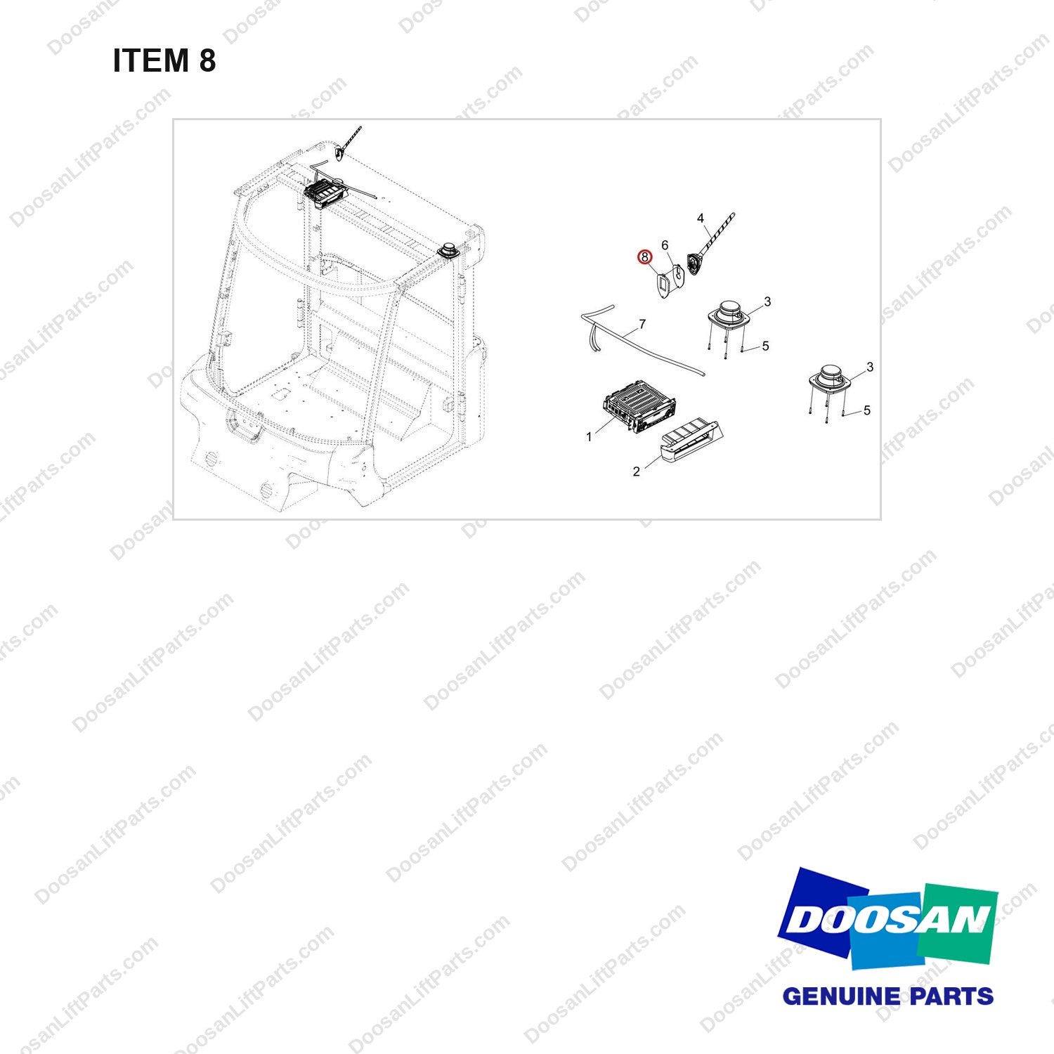 400602-01562 CAR AUDIO;DAB ANTENNA - full parts diagram, item 8 marked - genuine Doosan / Bobcat forklift part