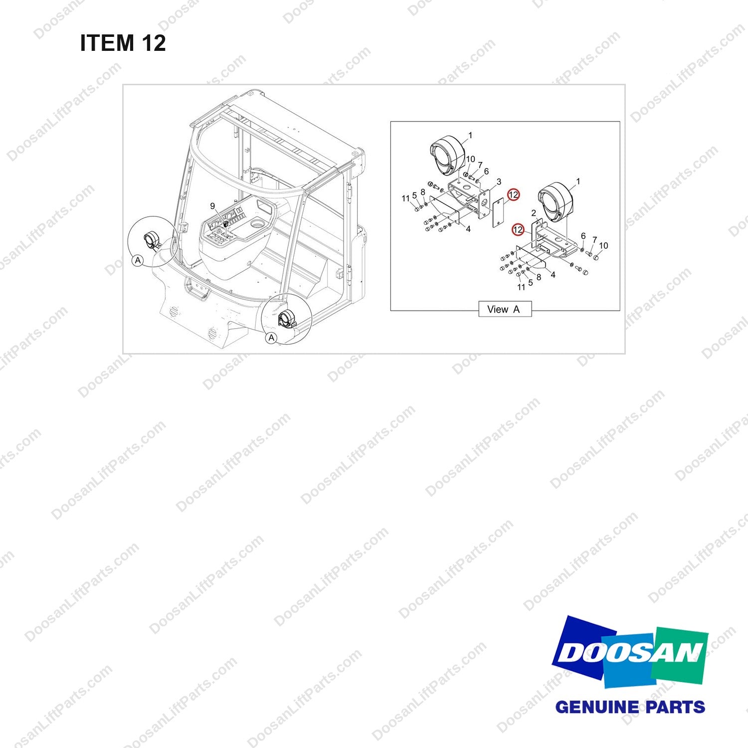 400602-01603 WORKING HEAD LAMP;LED ADDITIONER TWO,CAB - full parts diagram, item 12 marked - genuine Doosan / Bobcat forklift part