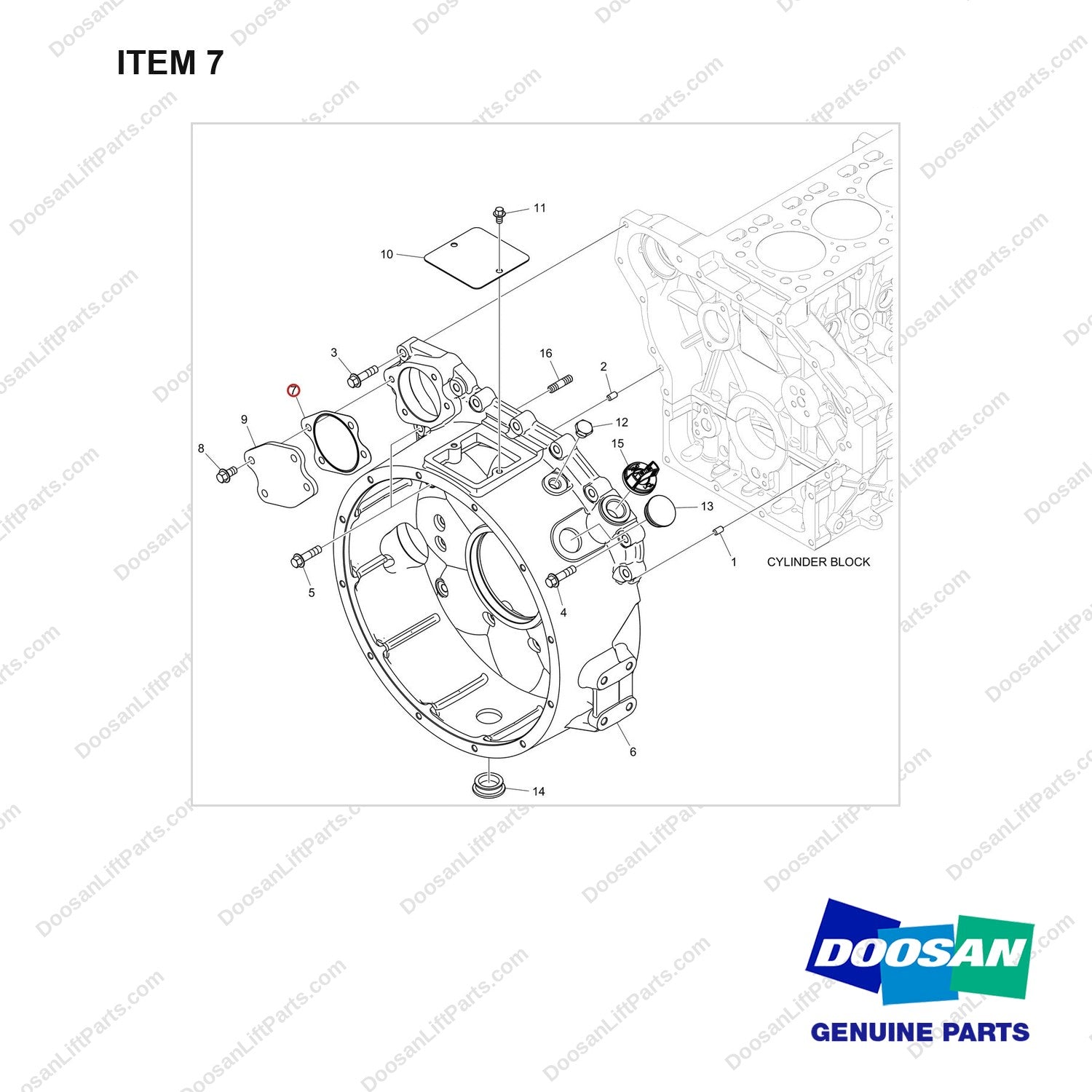 400613-00052 HOUSING GROUP,FLYWHEEL;DN03 - full parts diagram, item 7 marked - genuine Doosan / Bobcat forklift part