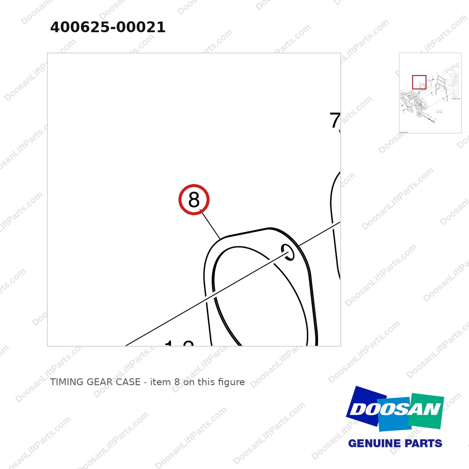 400625-00021 TIMING GEAR CASE - parts diagram, item 8 shown - genuine Doosan / Bobcat forklift part