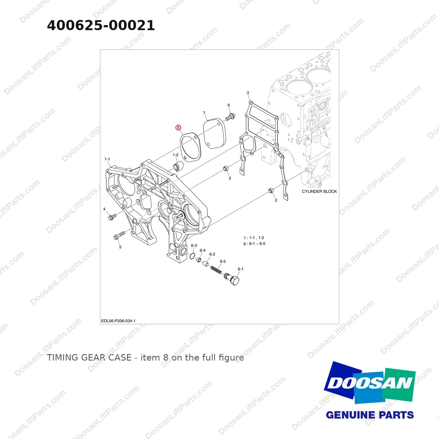 400625-00021 TIMING GEAR CASE - full parts diagram, item 8 marked - genuine Doosan / Bobcat forklift part
