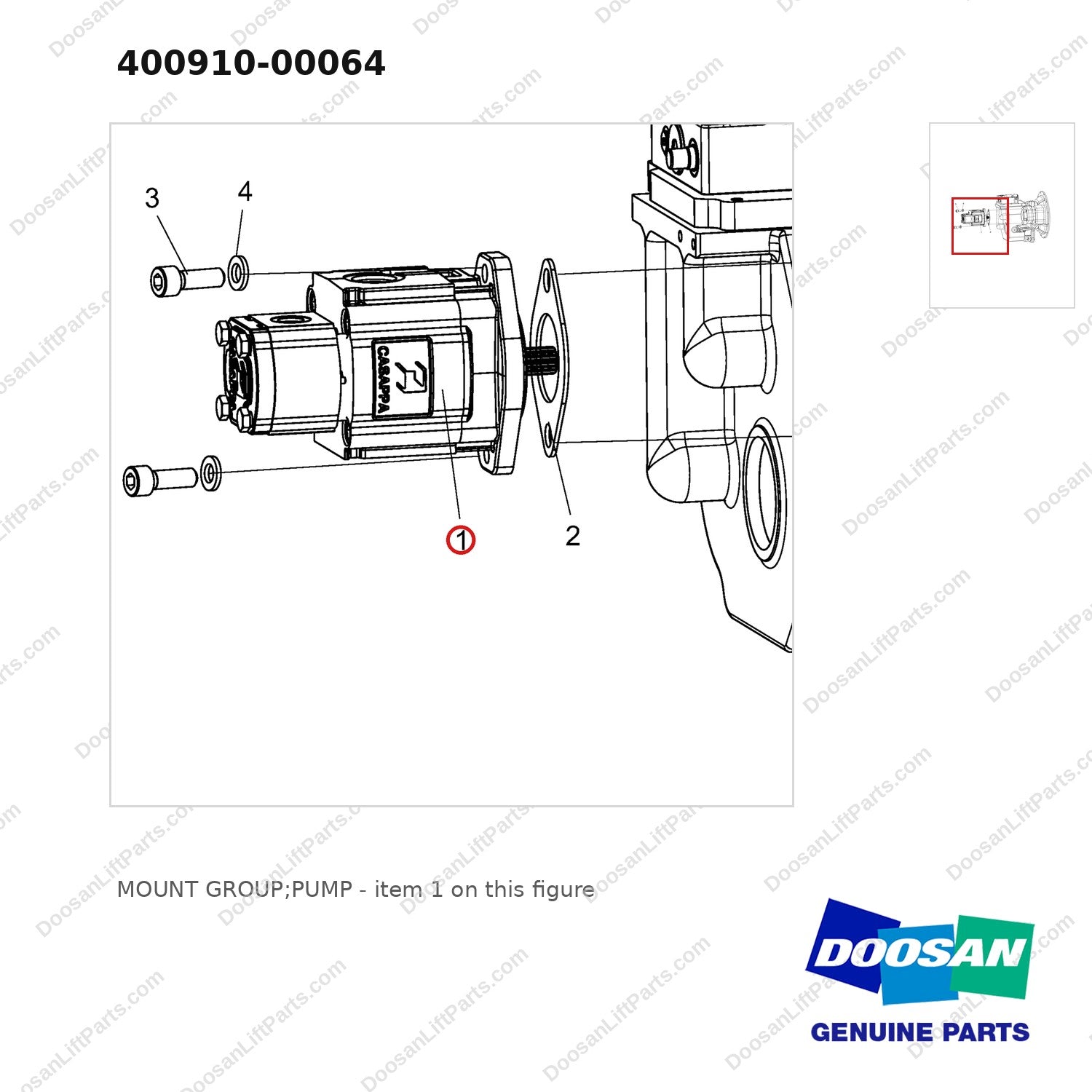 400910-00064 MOUNT GROUP;PUMP - parts diagram, item 1 shown - genuine Doosan / Bobcat forklift part