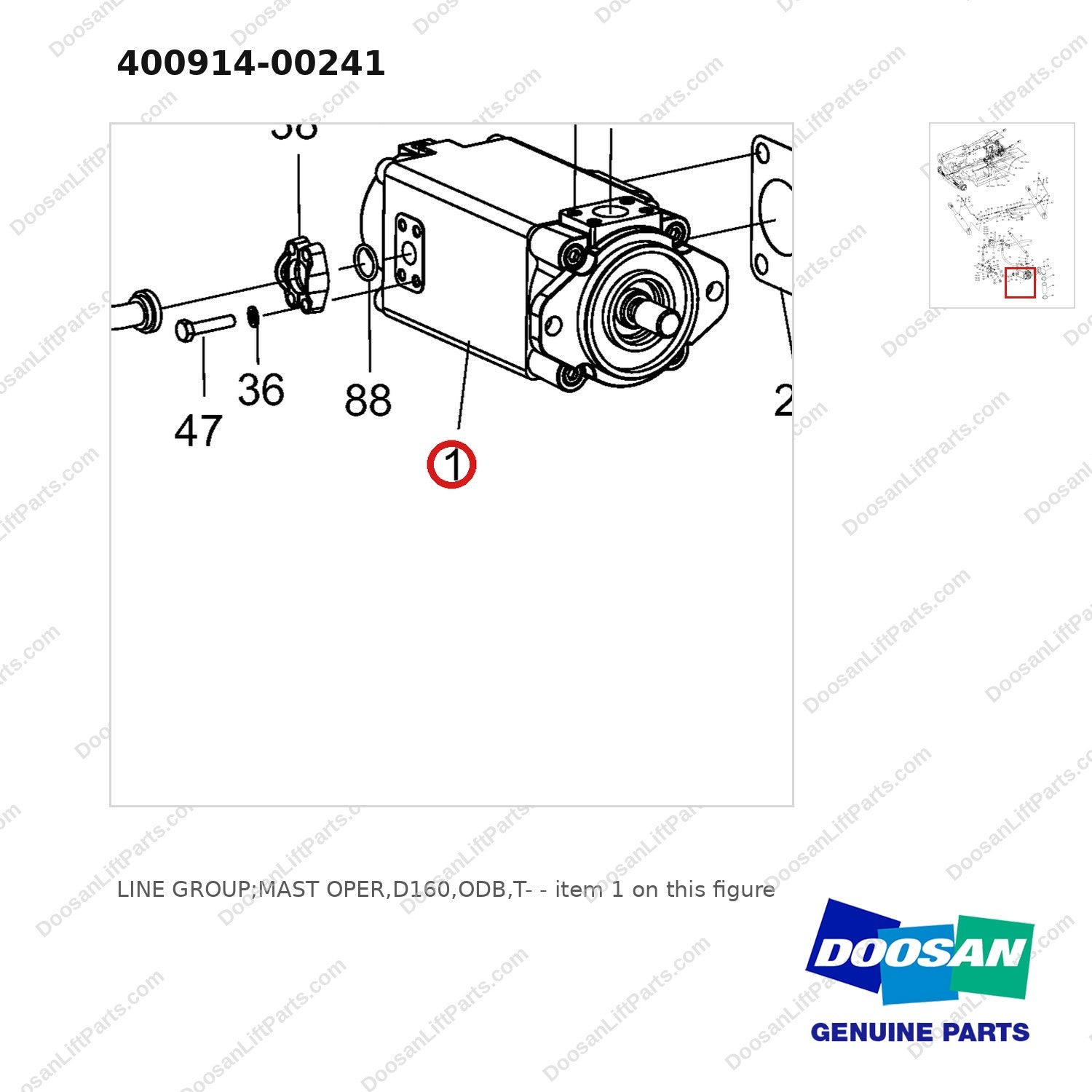 400914-00241 LINE GROUP;MAST OPER,D160,ODB,T- - parts diagram, item 1 shown - genuine Doosan / Bobcat forklift part