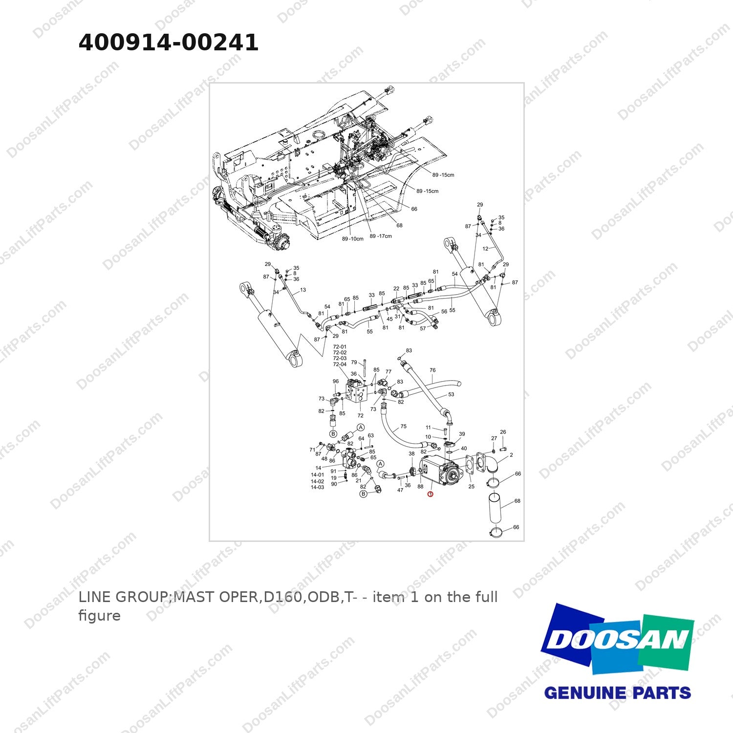 400914-00241 LINE GROUP;MAST OPER,D160,ODB,T- - full parts diagram, item 1 marked - genuine Doosan / Bobcat forklift part