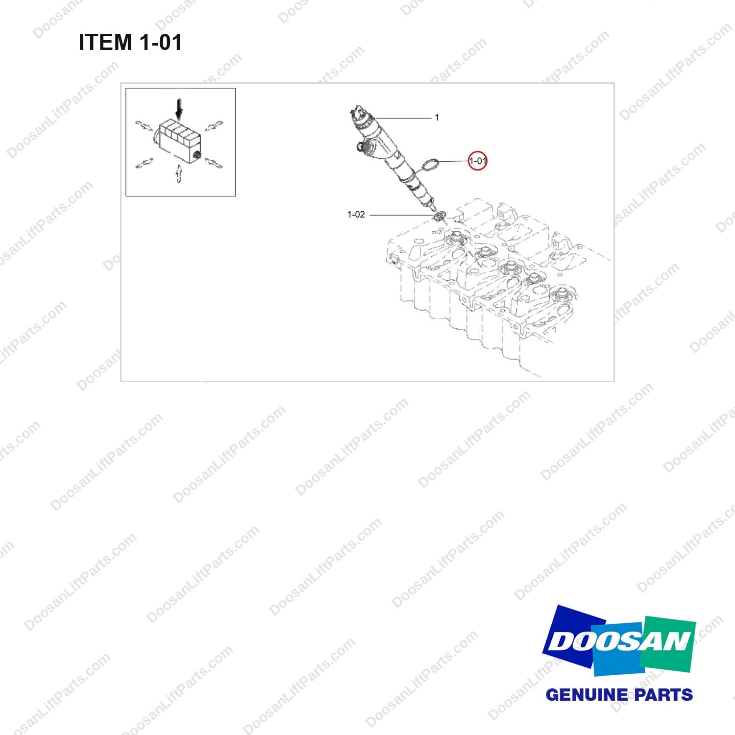 401002-02089 GROUP;FUEL INJECTOR - full parts diagram, item 1-01 marked - genuine Doosan / Bobcat forklift part