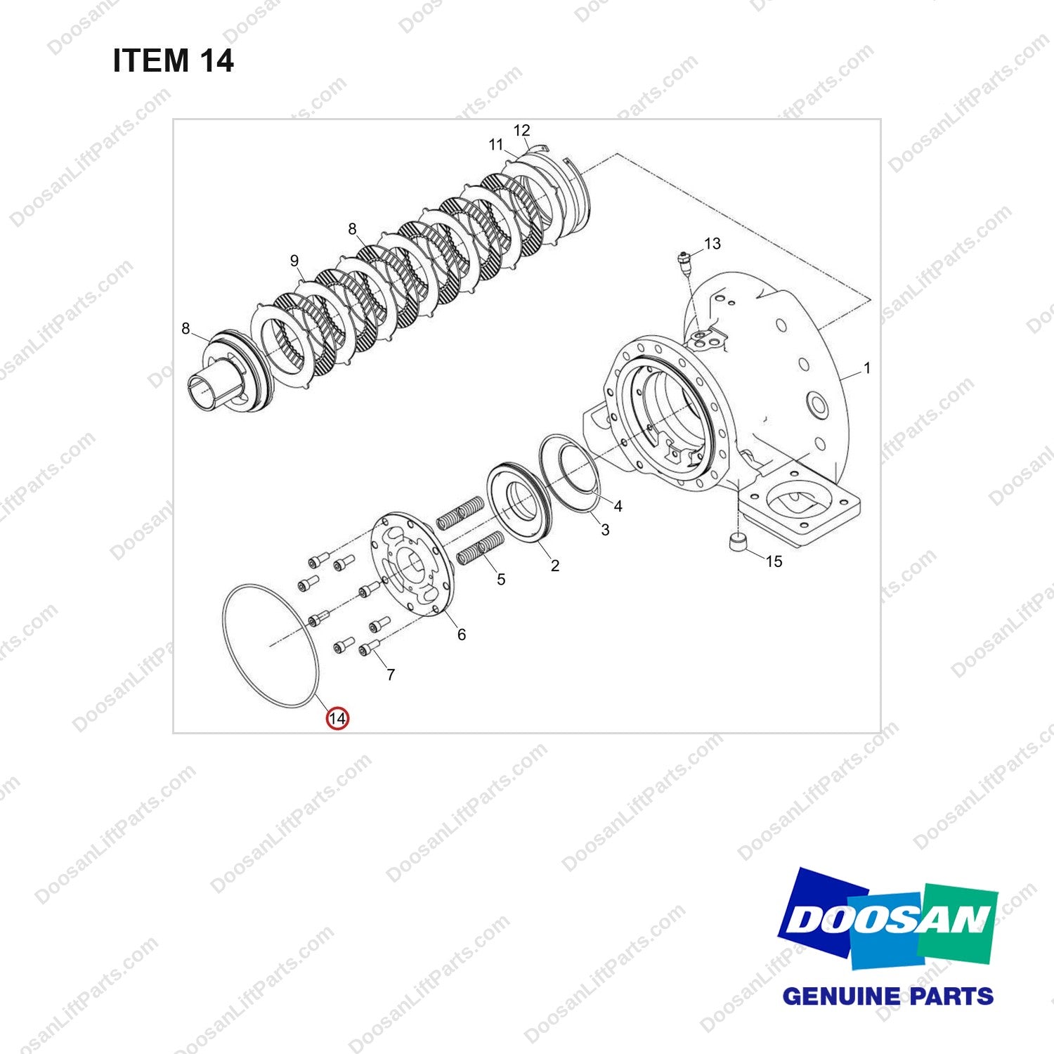 401002-02708 HOUSING ASSY,AXLE;RH - full parts diagram, item 14 marked - genuine Doosan / Bobcat forklift part