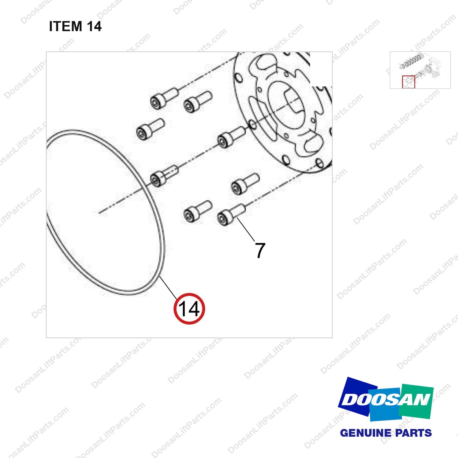 401002-02708 HOUSING ASSY,AXLE;RH - parts diagram, item 14 shown - genuine Doosan / Bobcat forklift part