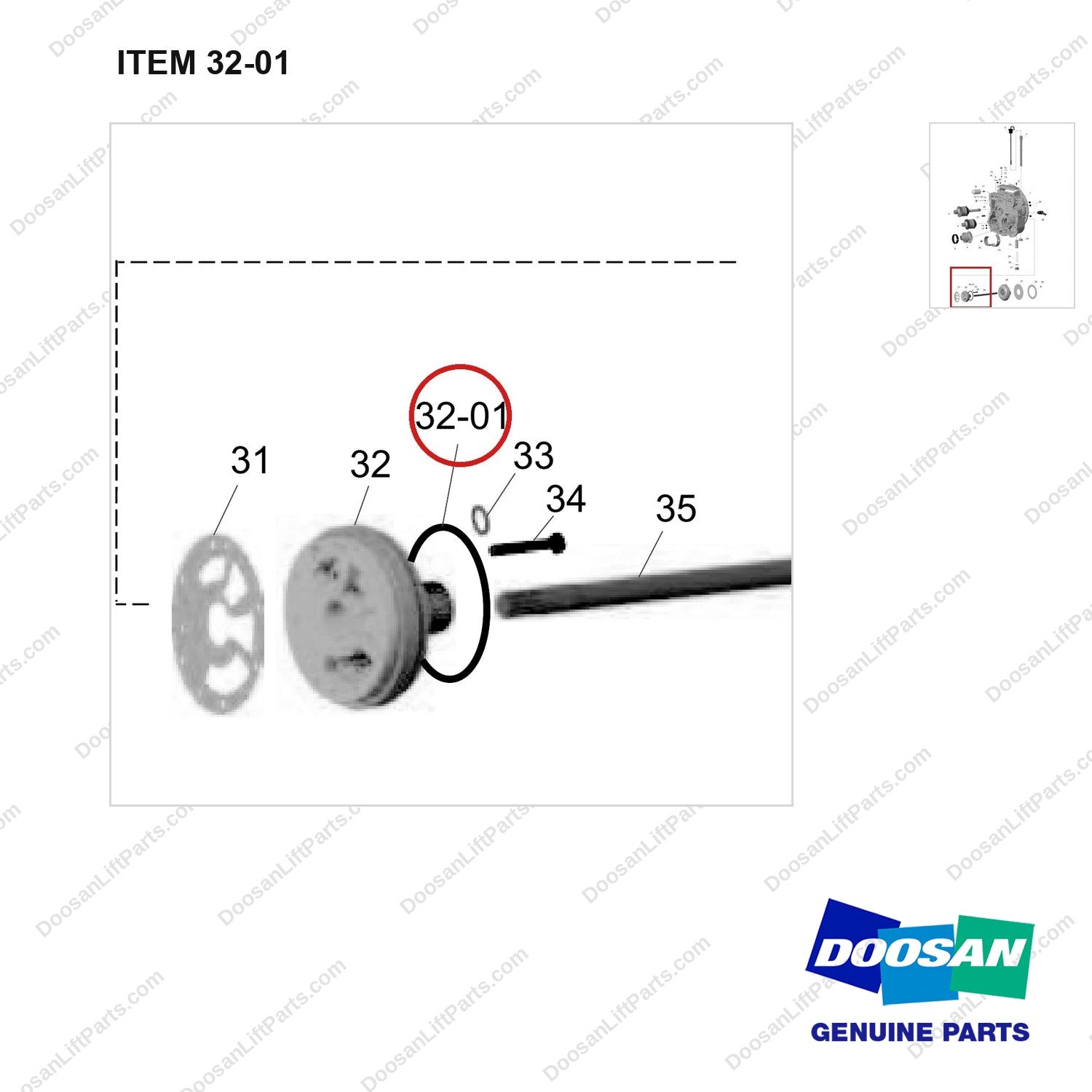 401002-02762 TRANSMISSION ASSY;TC HOUSING SUB - parts diagram, item 32-01 shown - genuine Doosan / Bobcat forklift part