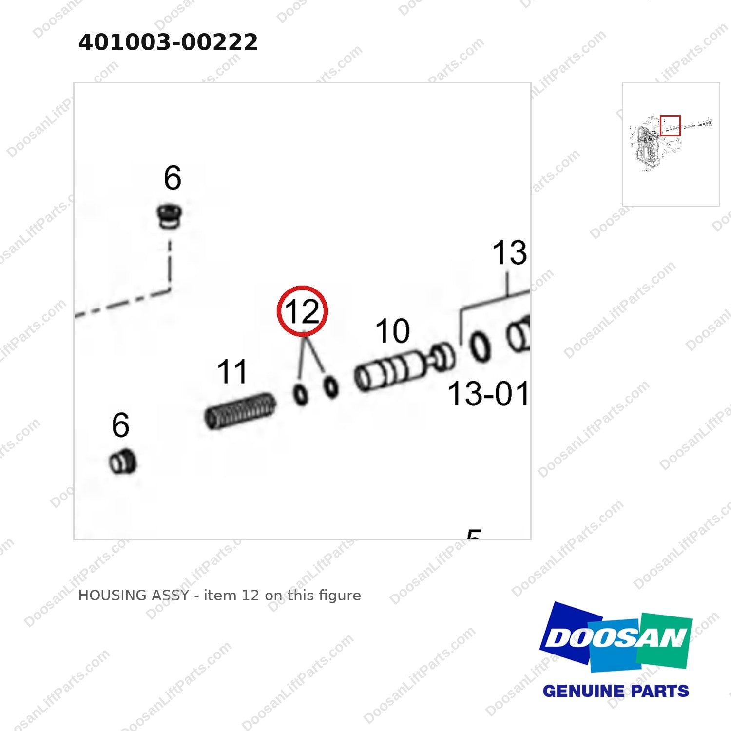 401003-00222 HOUSING ASSY - parts diagram, item 12 shown - genuine Doosan / Bobcat forklift part