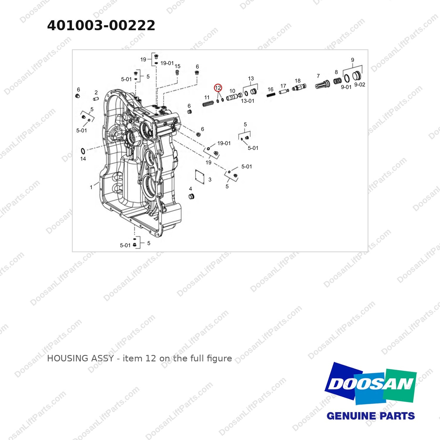 401003-00222 HOUSING ASSY - full parts diagram, item 12 marked - genuine Doosan / Bobcat forklift part