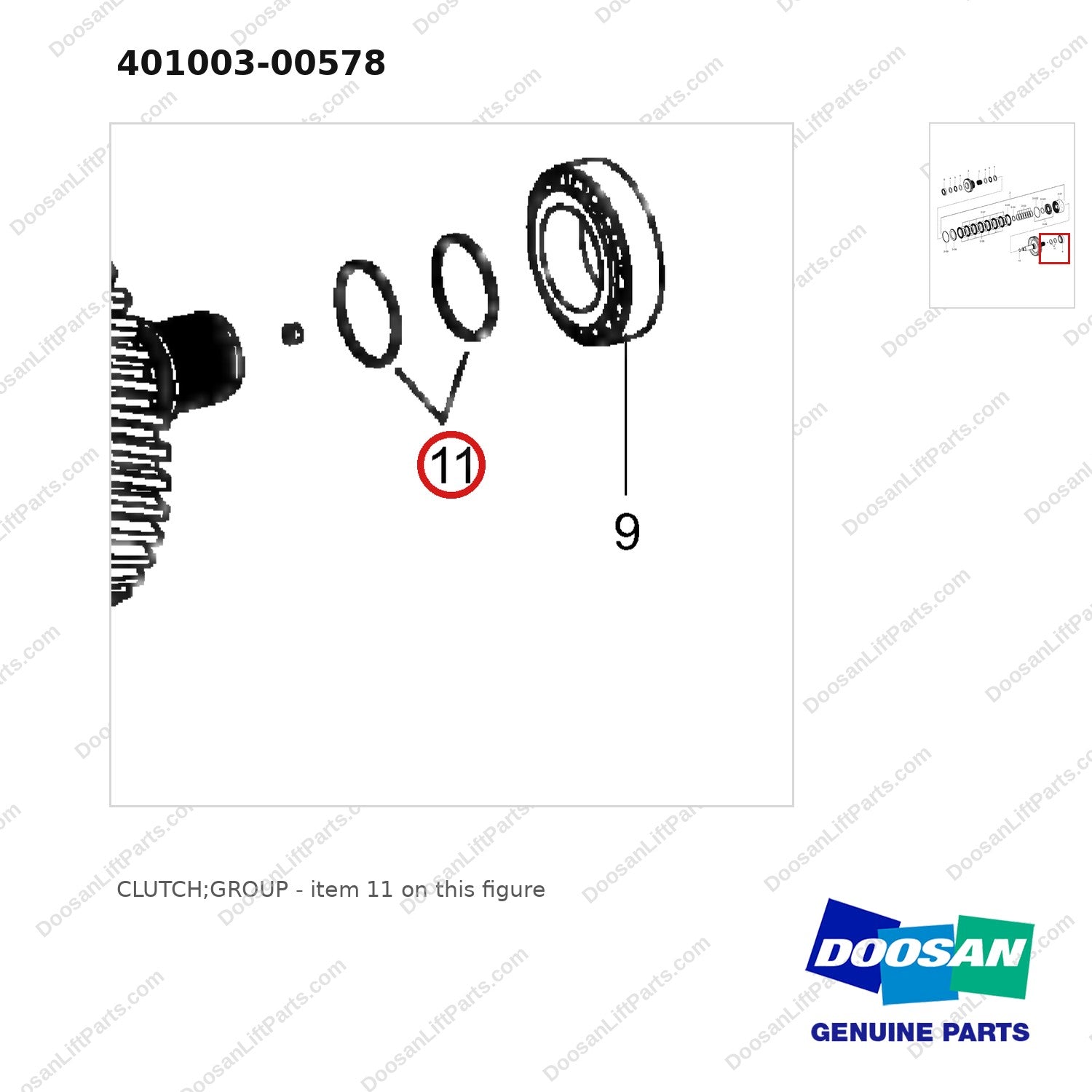 401003-00578 CLUTCH;GROUP - parts diagram, item 11 shown - genuine Doosan / Bobcat forklift part